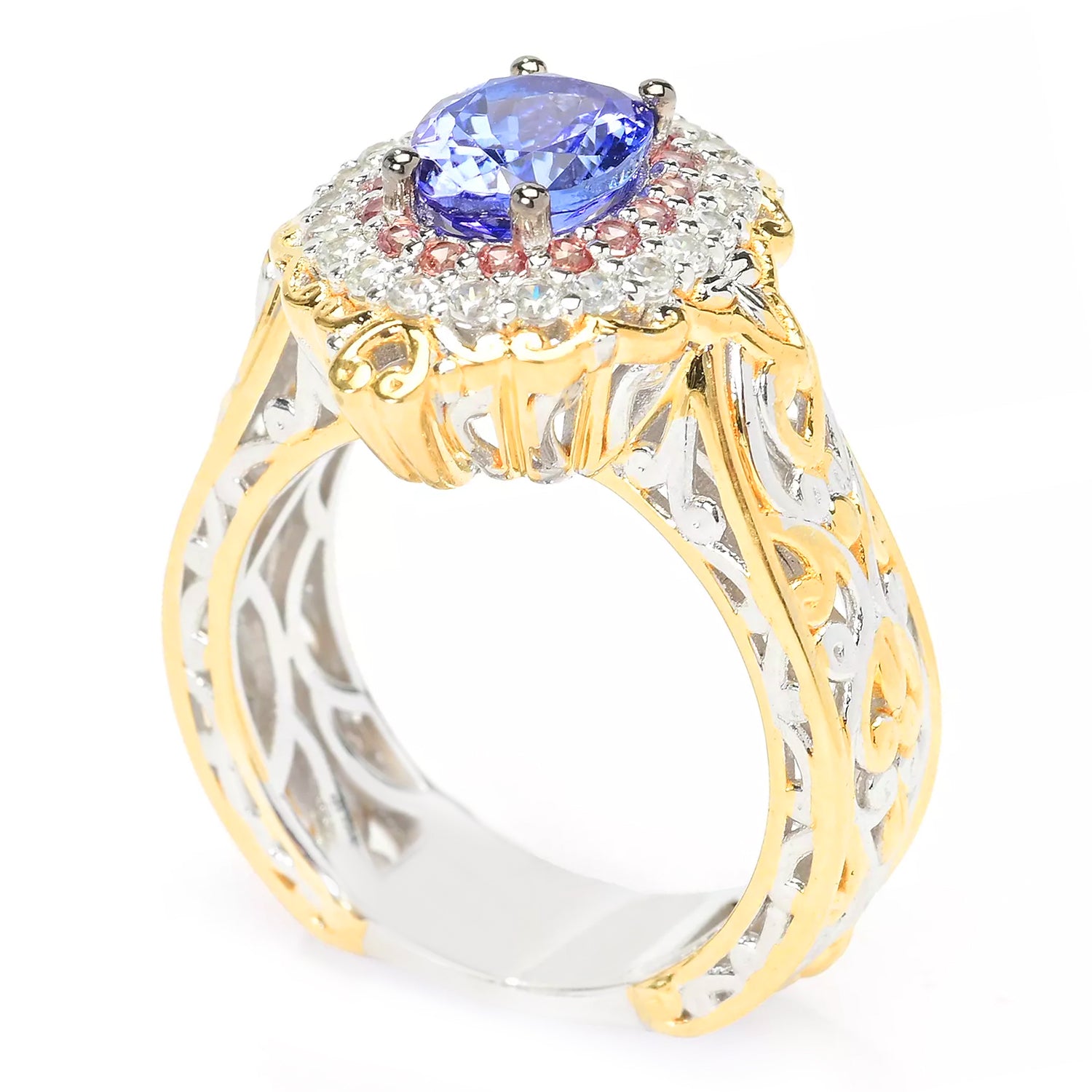 Gems en Vogue 2.51ctw Tanzanite, Padparadscha Sapphire & White Zircon Double Halo Ring
