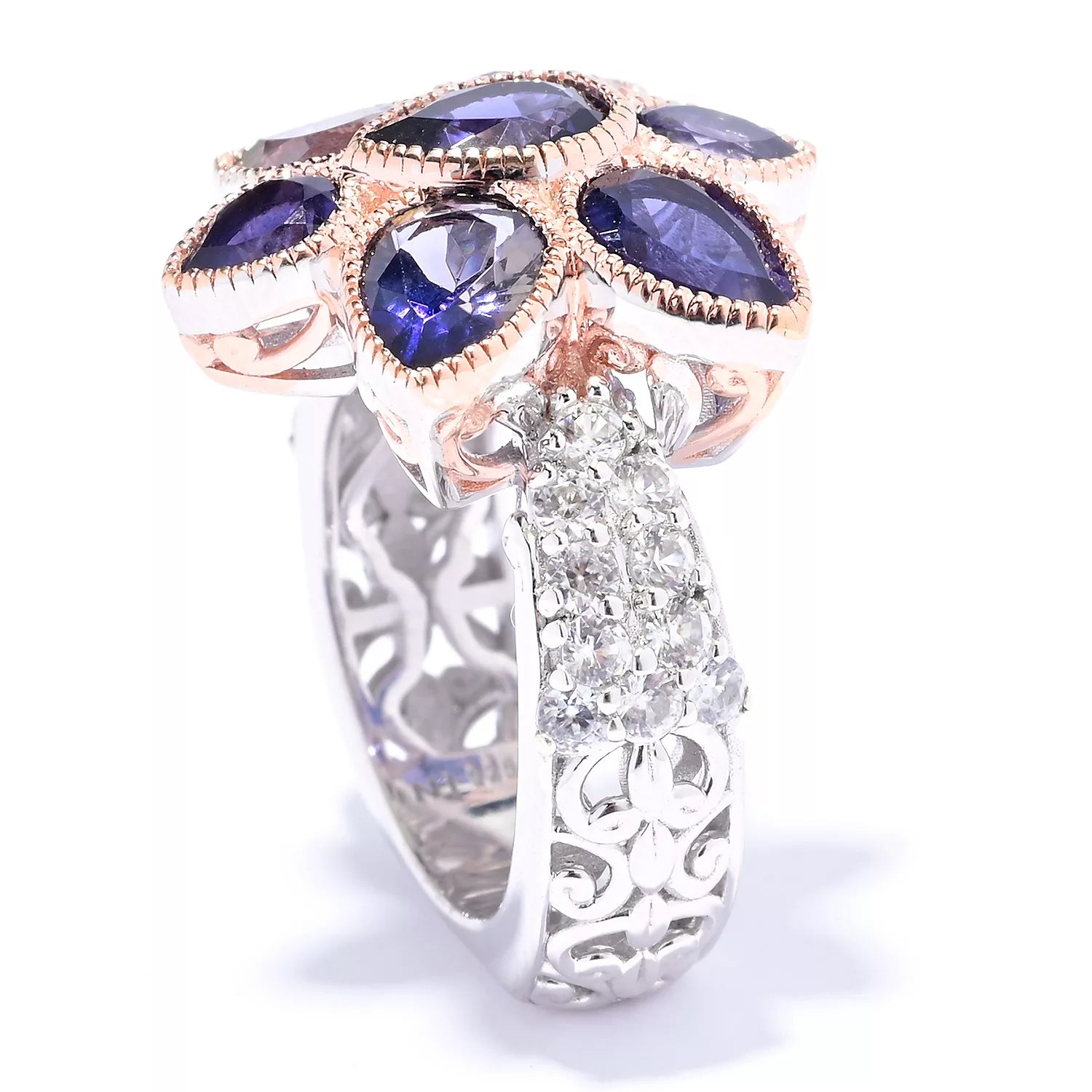 Gems en Vogue 4.31ctw Iolite & White Zircon Orchid Flower Ring