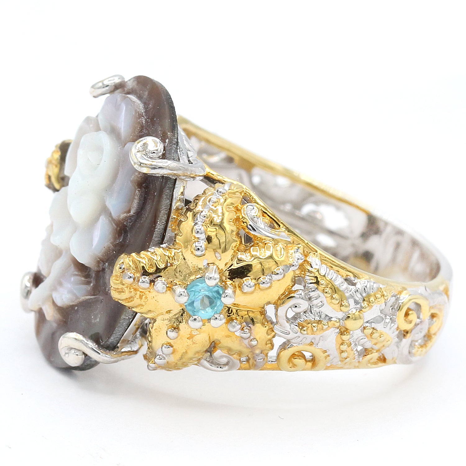 Gems en Vogue Tahitian Shell Cameo & Dauphin Apatite Flower & Starfish Ring