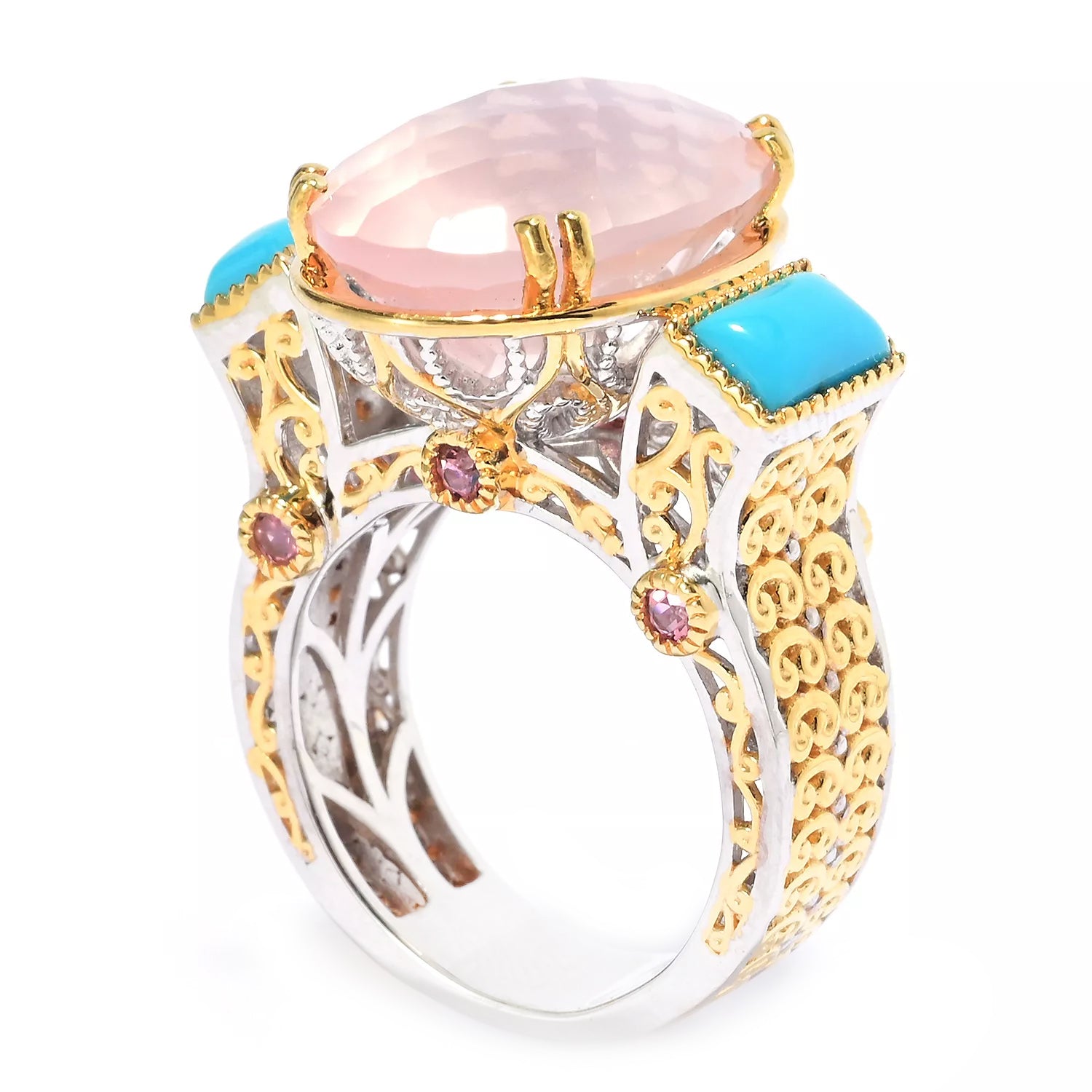 Gems en Vogue 14.01ctw Rose Quartz, Sleeping Beauty Turquoise & Pink Tourmaline Ring