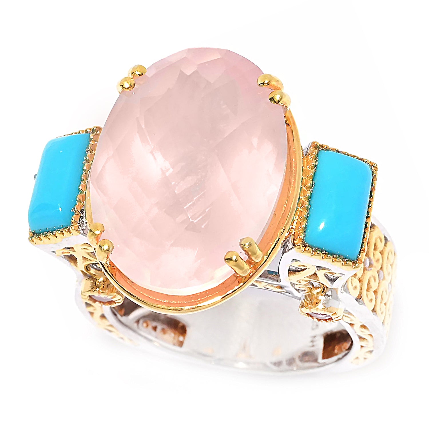 Gems en Vogue 14.01ctw Rose Quartz, Sleeping Beauty Turquoise & Pink Tourmaline Ring