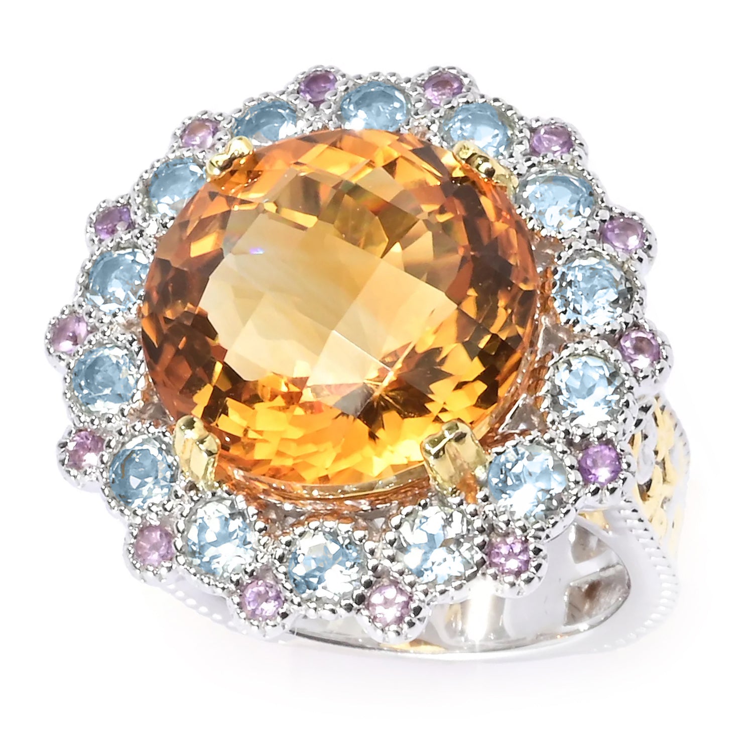 Gems en Vogue 16.08ctw Rio Grande Citrine, Blue Topaz & Amethyst Ring
