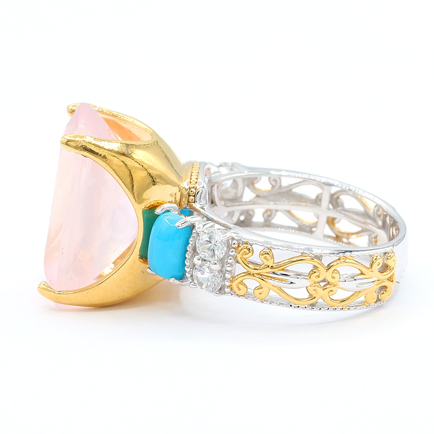 Gems en Vogue 15.10ctw Rose Quartz, Sleeping Beauty Turquoise & White Zircon Ring
