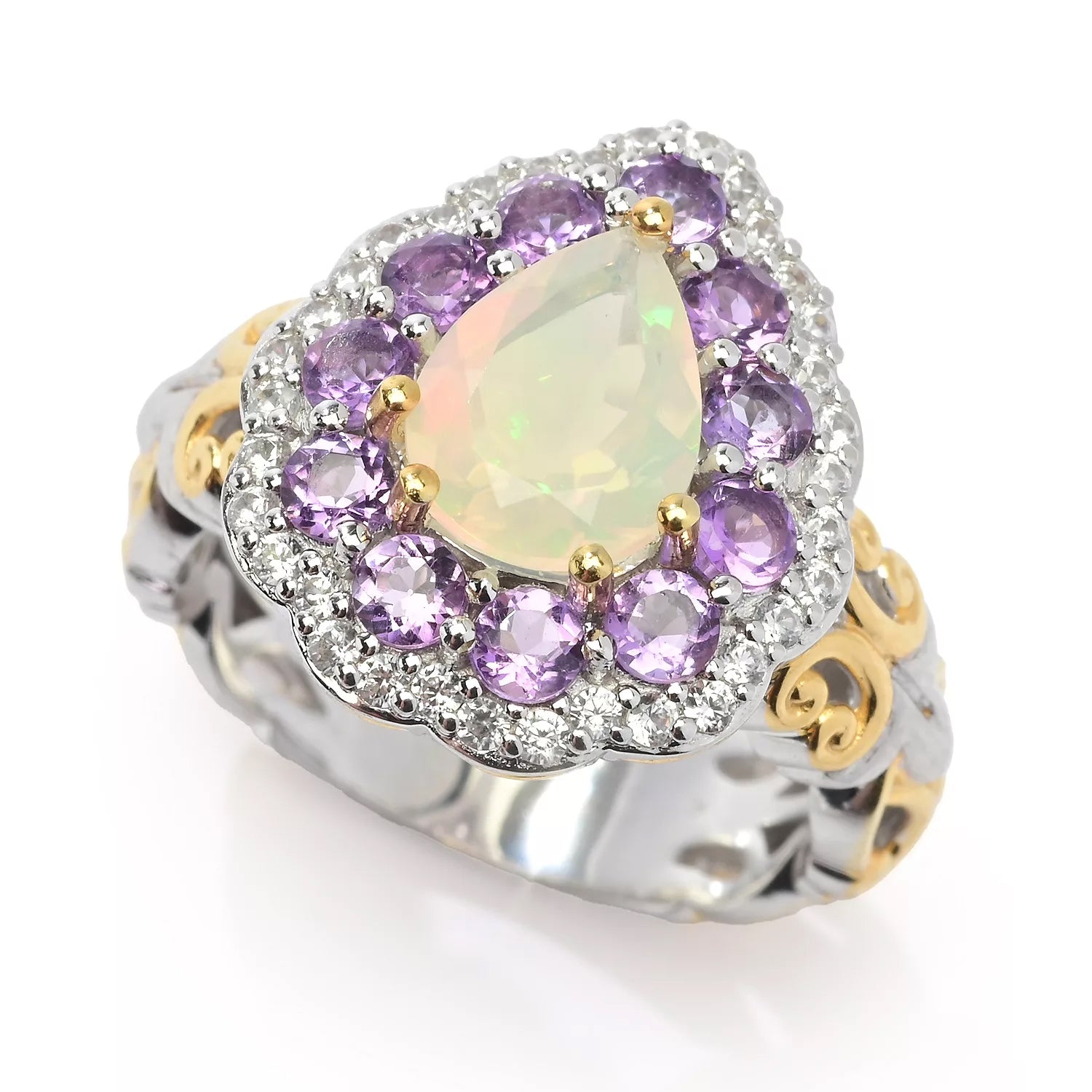 Gems en Vogue 2.05ctw Ethiopian Opal, Namibian Amethyst & Zircon Double Halo Ring
