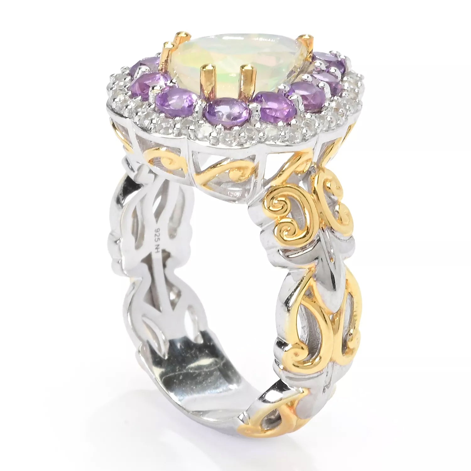 Gems en Vogue 2.05ctw Ethiopian Opal, Namibian Amethyst & Zircon Double Halo Ring