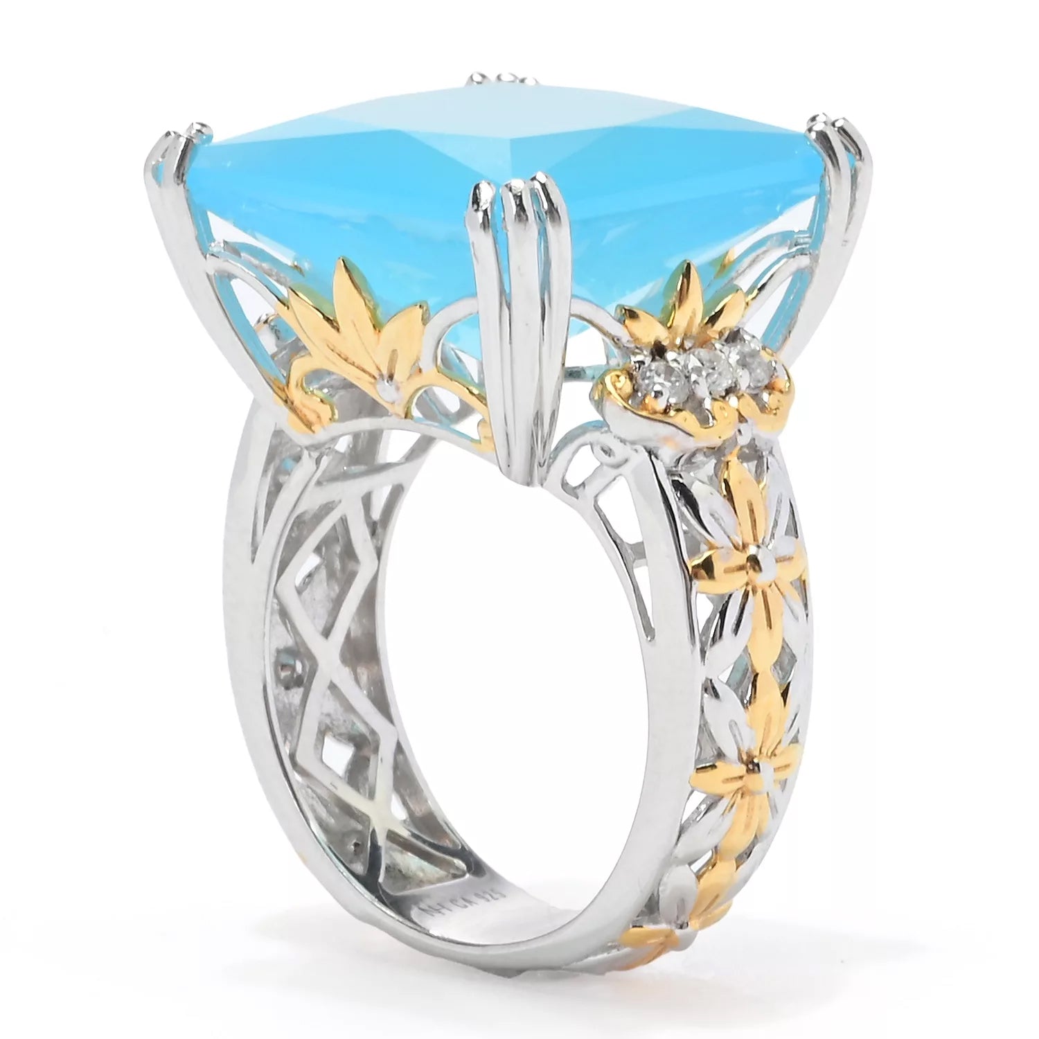 Gems en Vogue Princess Cut Blue Chalcedony & White Zircon Ring