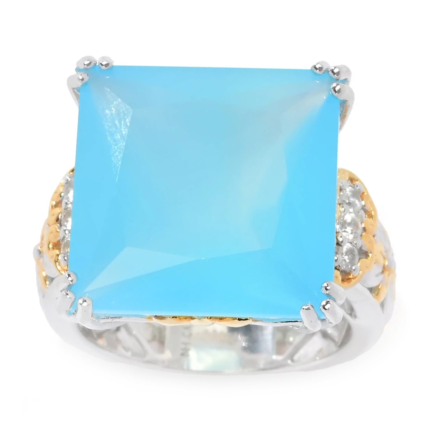 Gems en Vogue Princess Cut Blue Chalcedony & White Zircon Ring