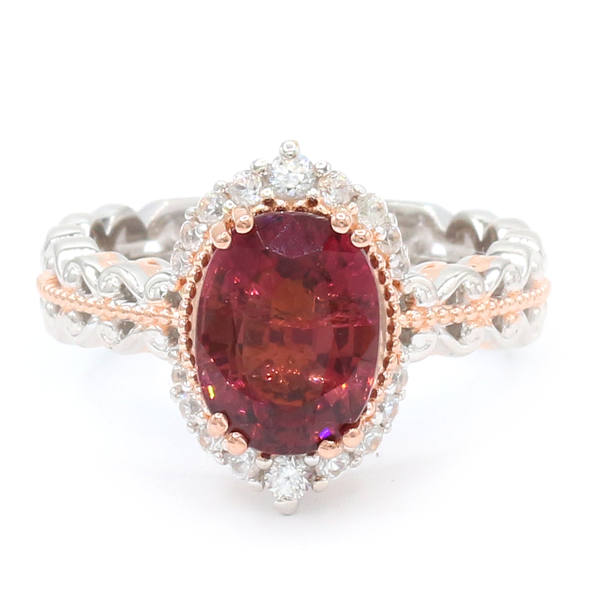 Couture Gems One-of-a-Kind 18K Palladium Silver 4.61ctw Sunset Tourmaline & White Zircon Halo Ring