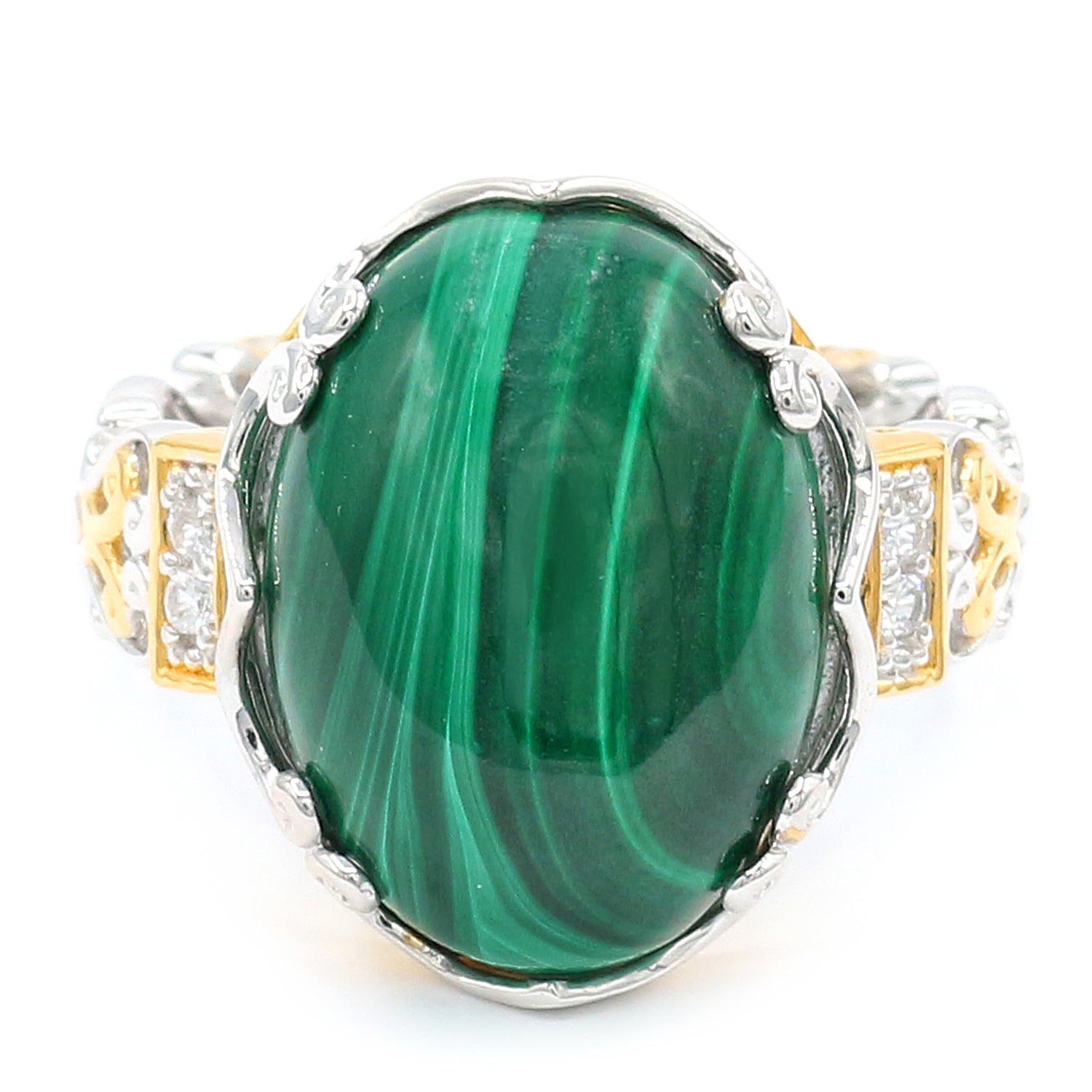 Gems en Vogue 24K Palladium Silver Malachite & White Zircon Ring