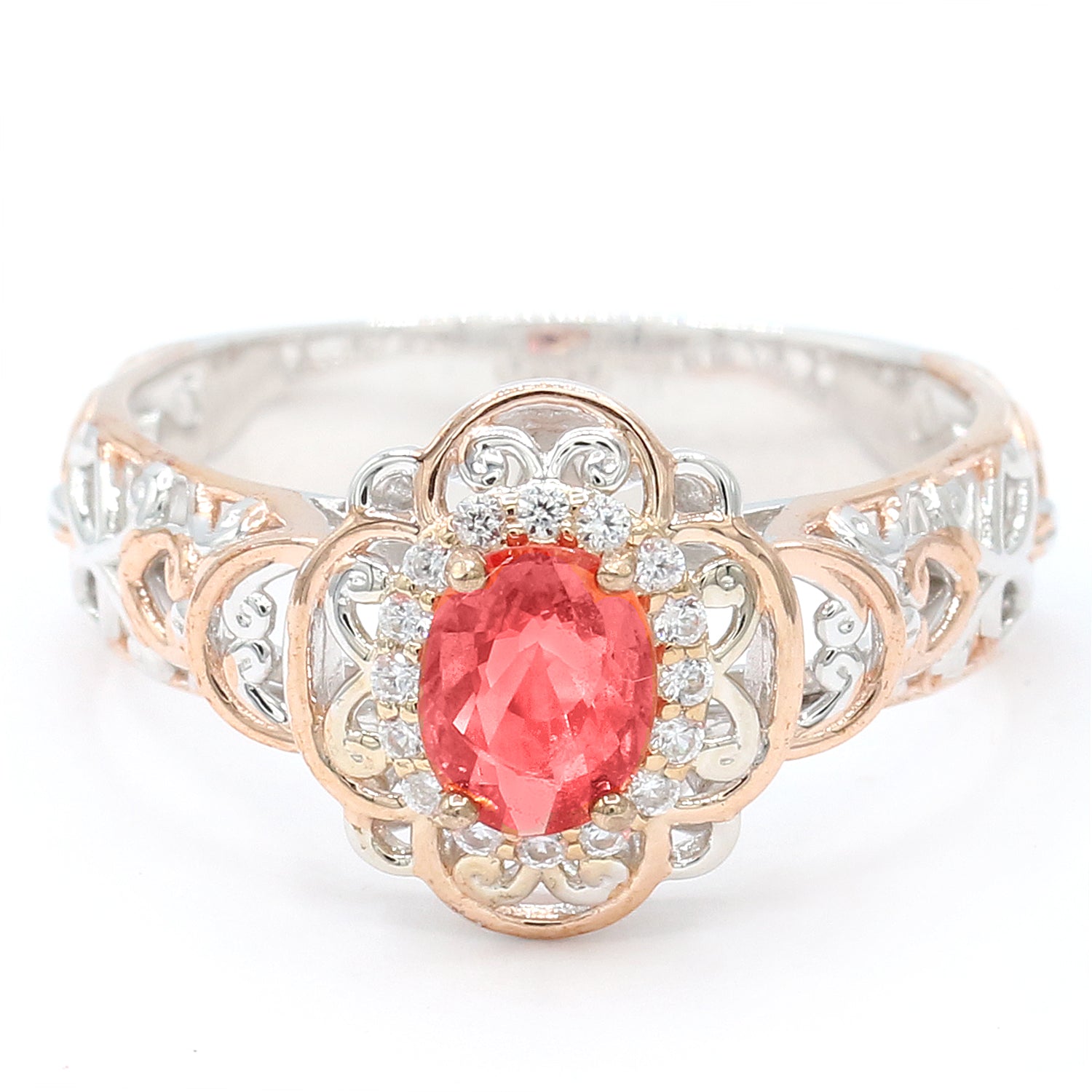 Gems en Vogue 1.36ctw Oval Padparadscha Sapphire & Zircon Halo Ring