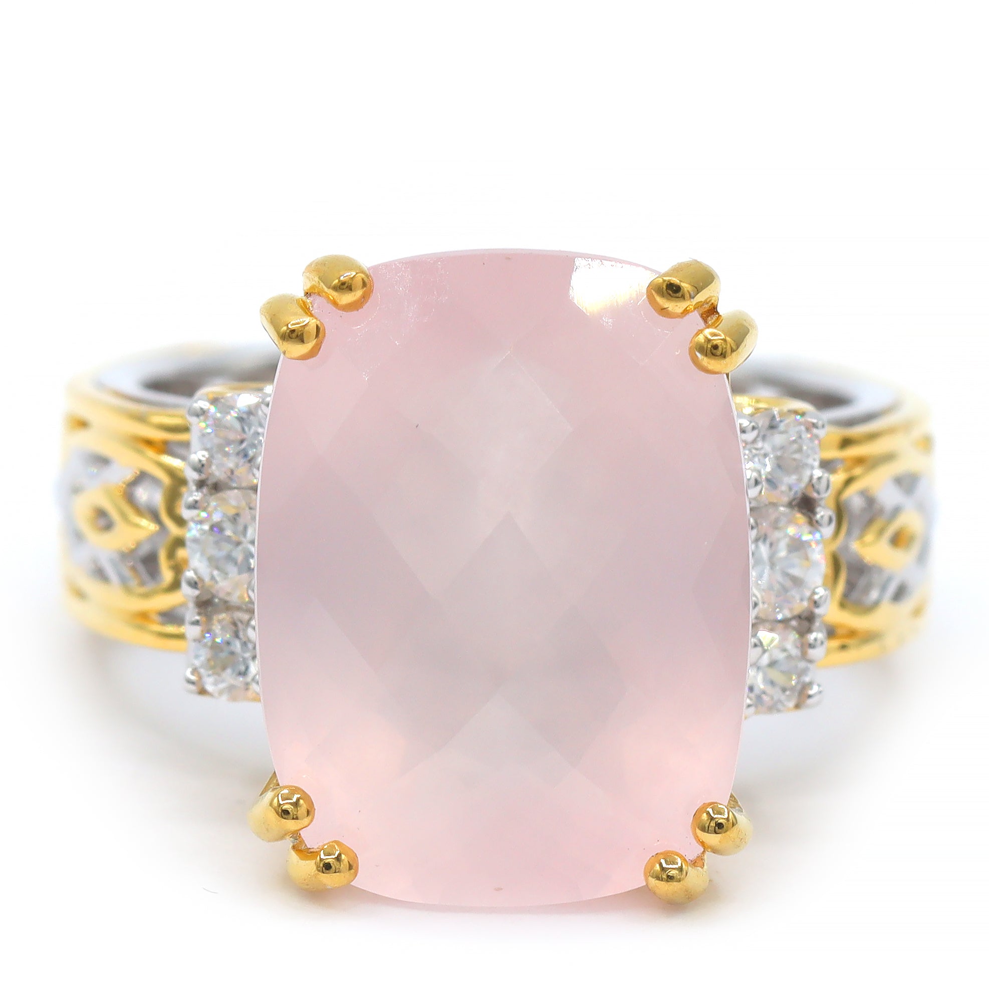 Gems en Vogue 24K Palladium Silver 9.58ctw Rose Quartz & White Zircon Ring