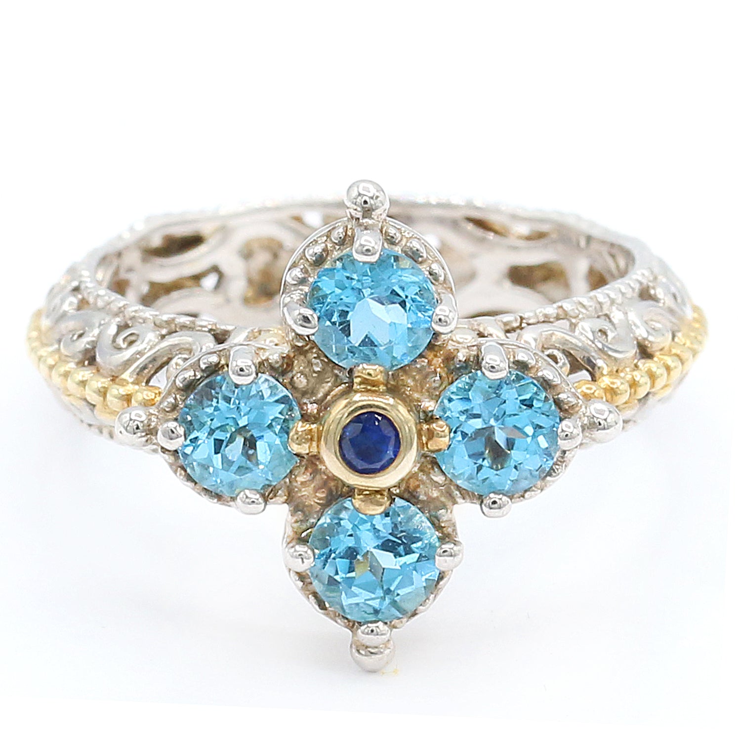 Gems en Vogue 1.03ctw Swiss Blue Topaz & Blue Sapphire Flower Ring CANNOT BE RESIZED