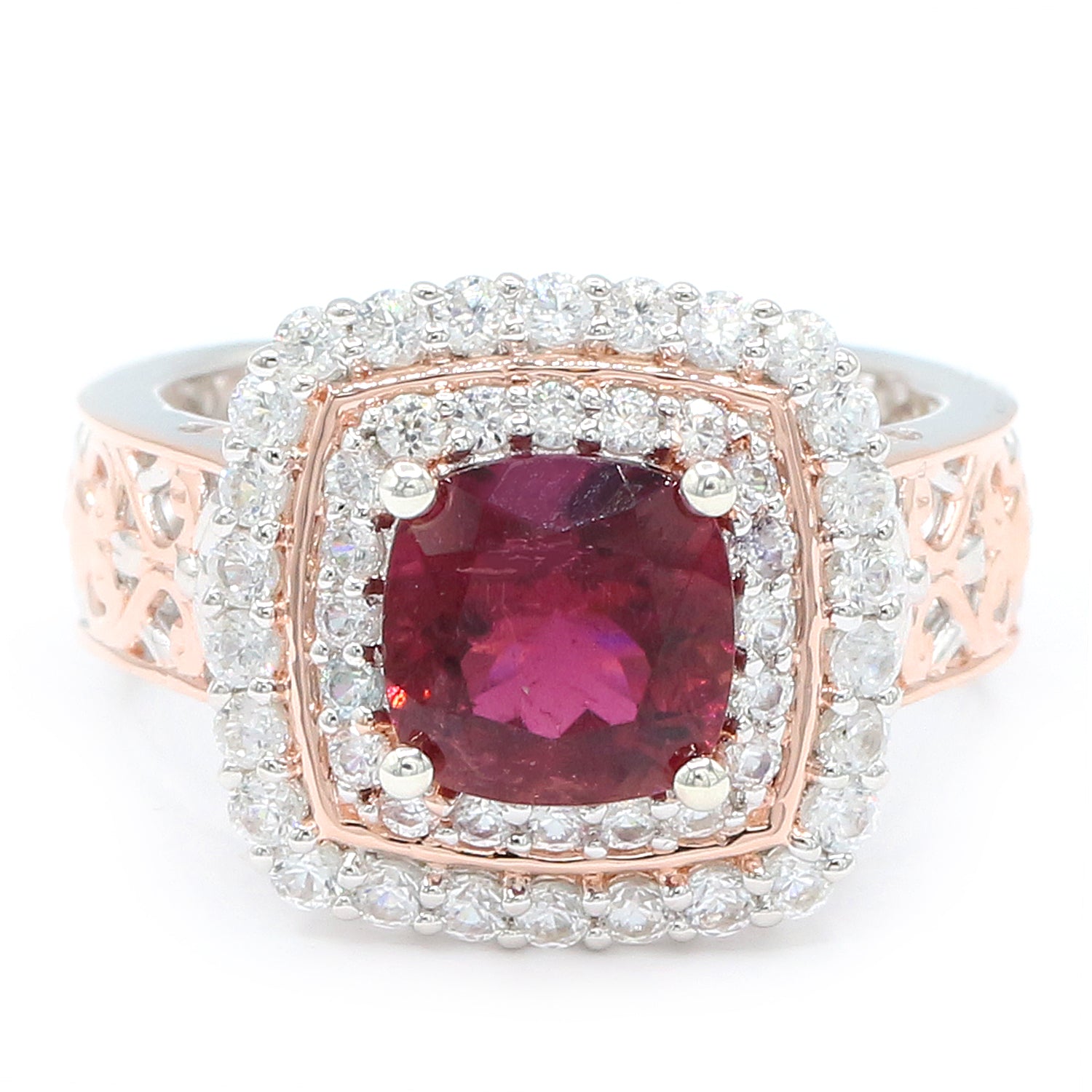 Couture Gems One-of-a-Kind 3.99ctw Rubellite & White Zircon Double Halo Ring