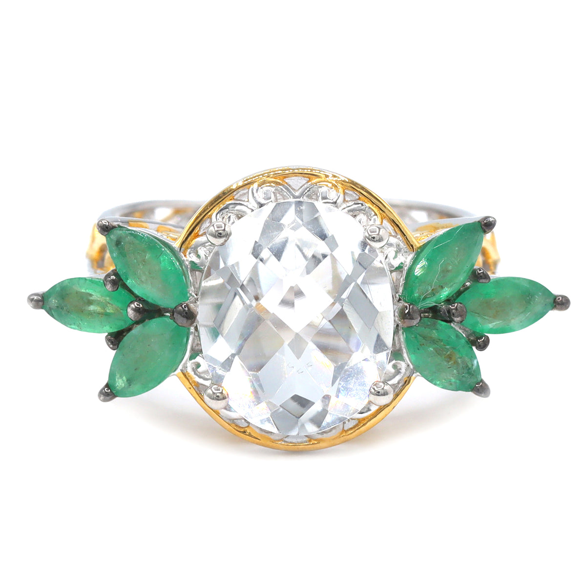 Gems en Vogue 24K Palladium Silver 5.10ctw Clear Quartz & Grizzly Emerald Ring