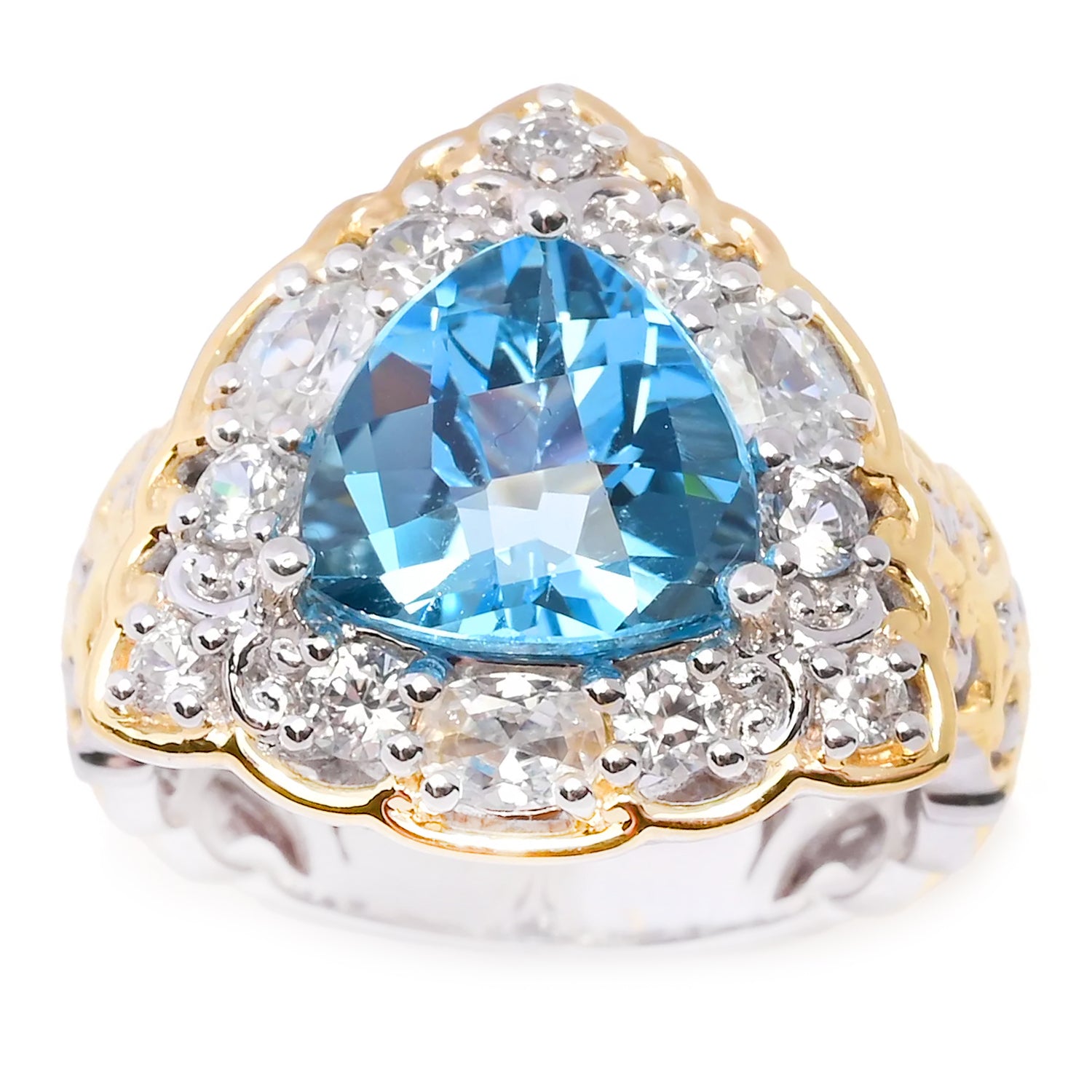 Gems en Vogue 9.76ctw Trillion Swiss Blue Topaz & White Zircon Halo Ring