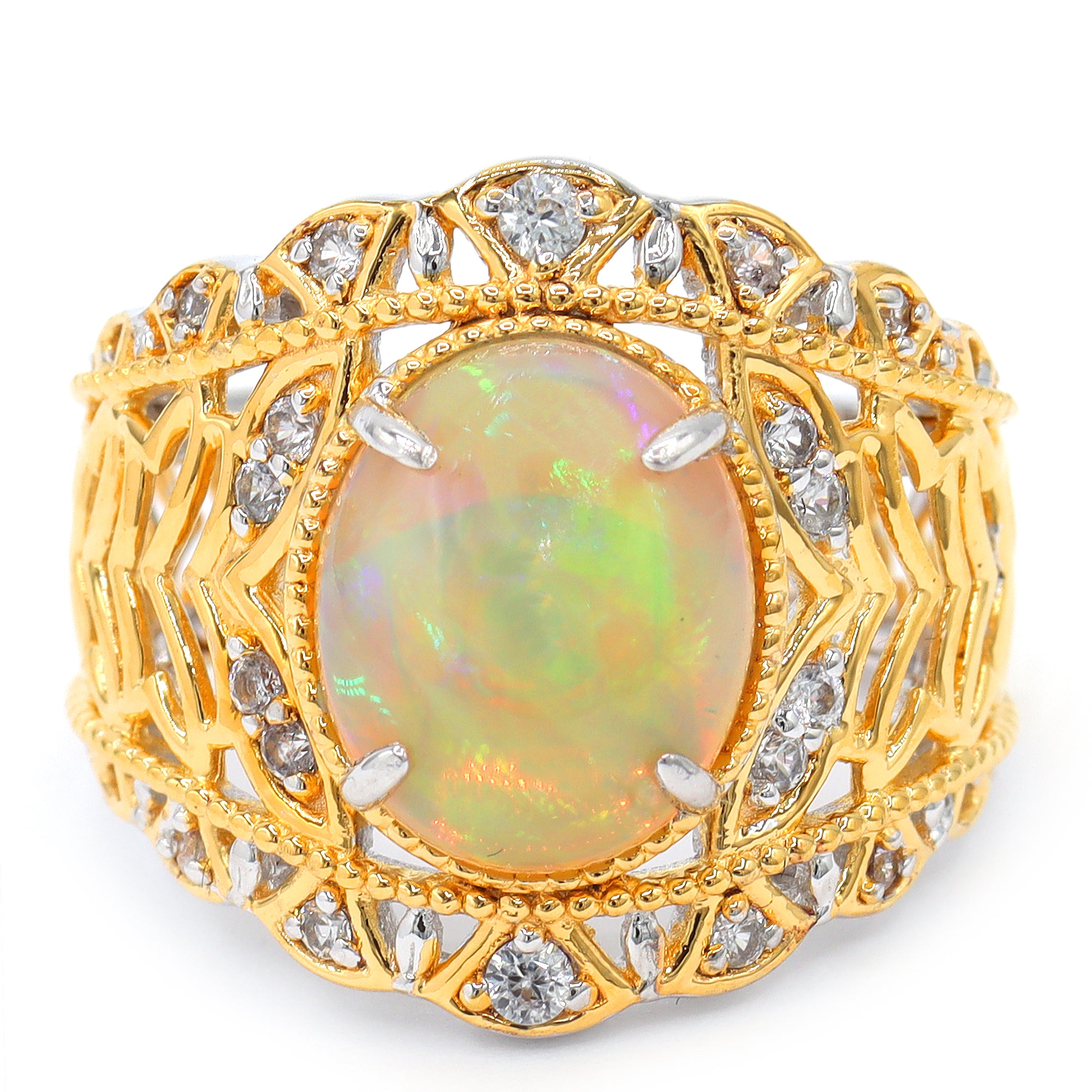 Gems en Vogue 24K Palladium Silver Golden Ethiopian Opal & White Zircon Ring