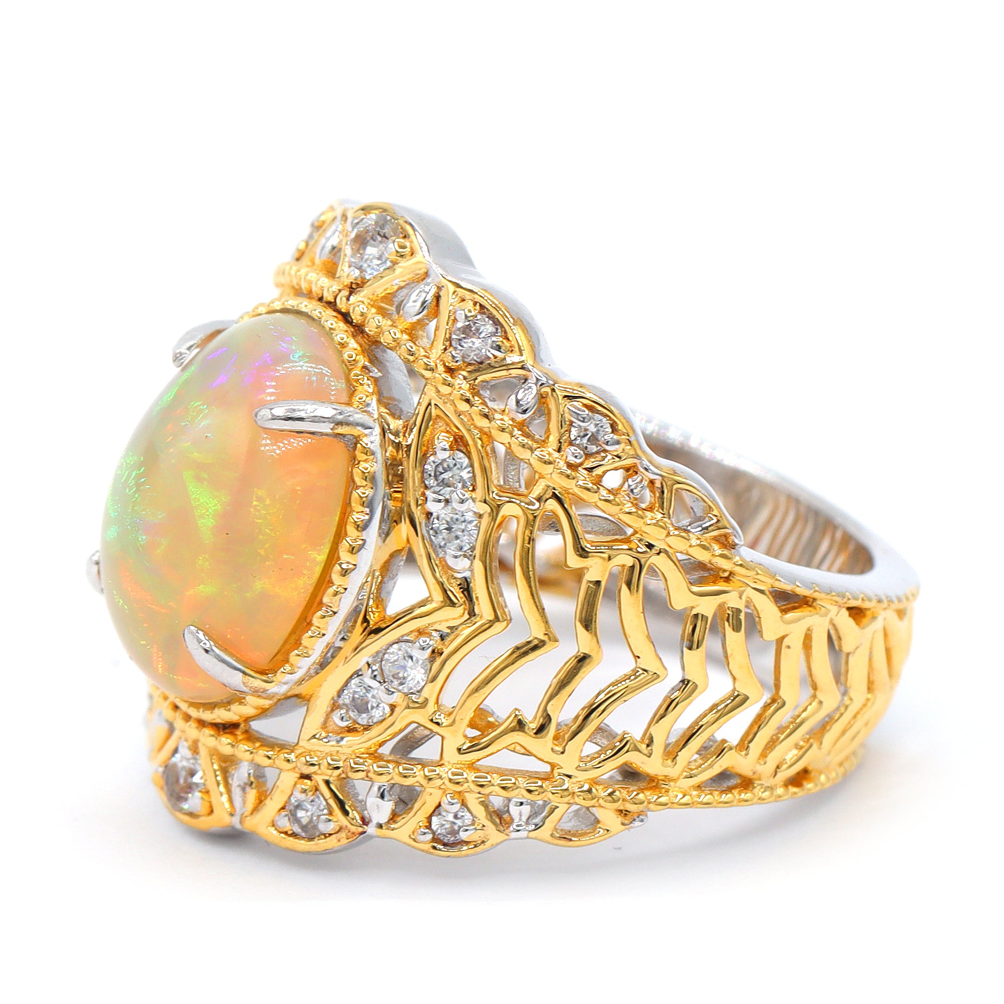 Gems en Vogue 24K Palladium Silver Golden Ethiopian Opal & White Zircon Ring
