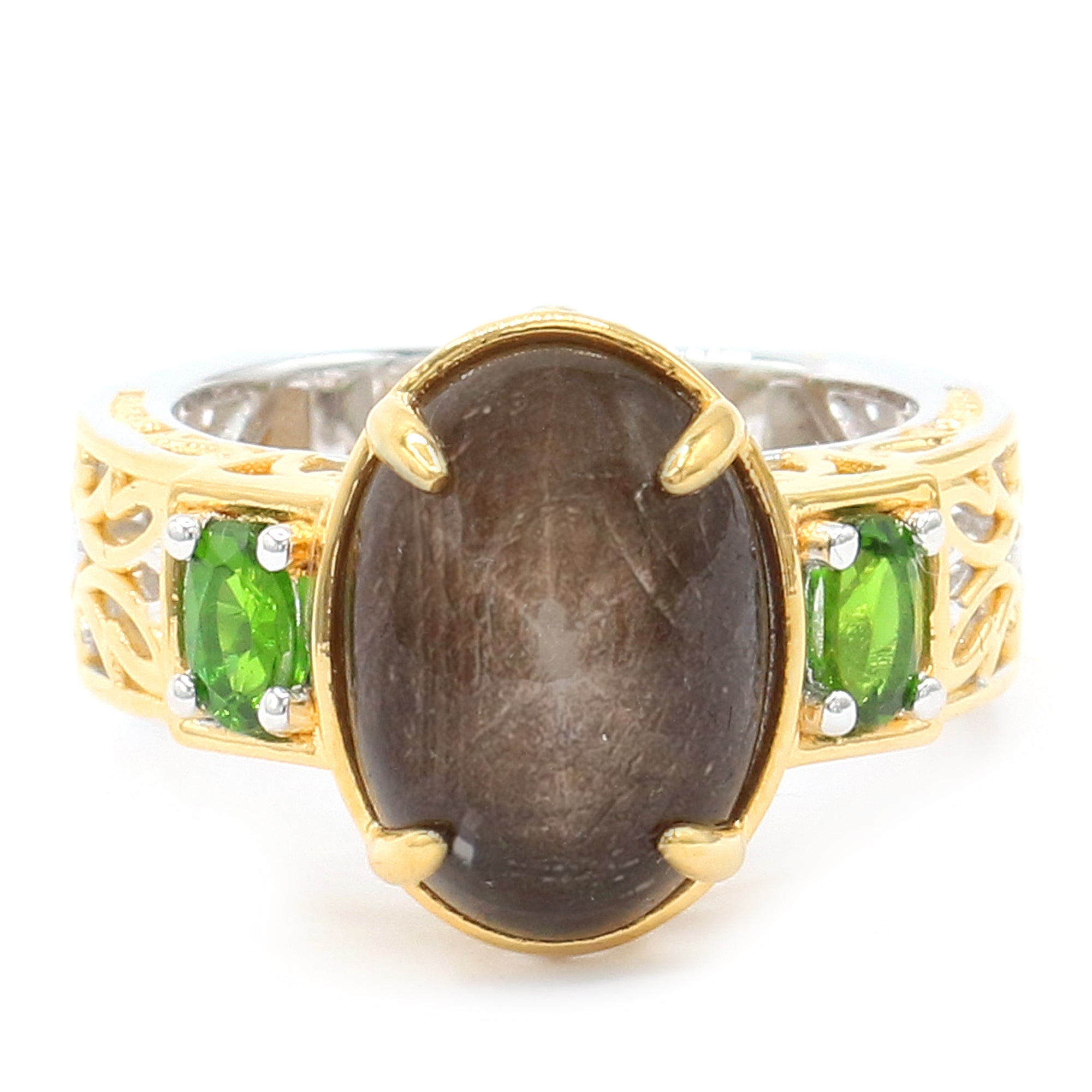 Gems en Vogue 24K Palladium Silver Brown Star Sapphire & Chrome Diopside Ring