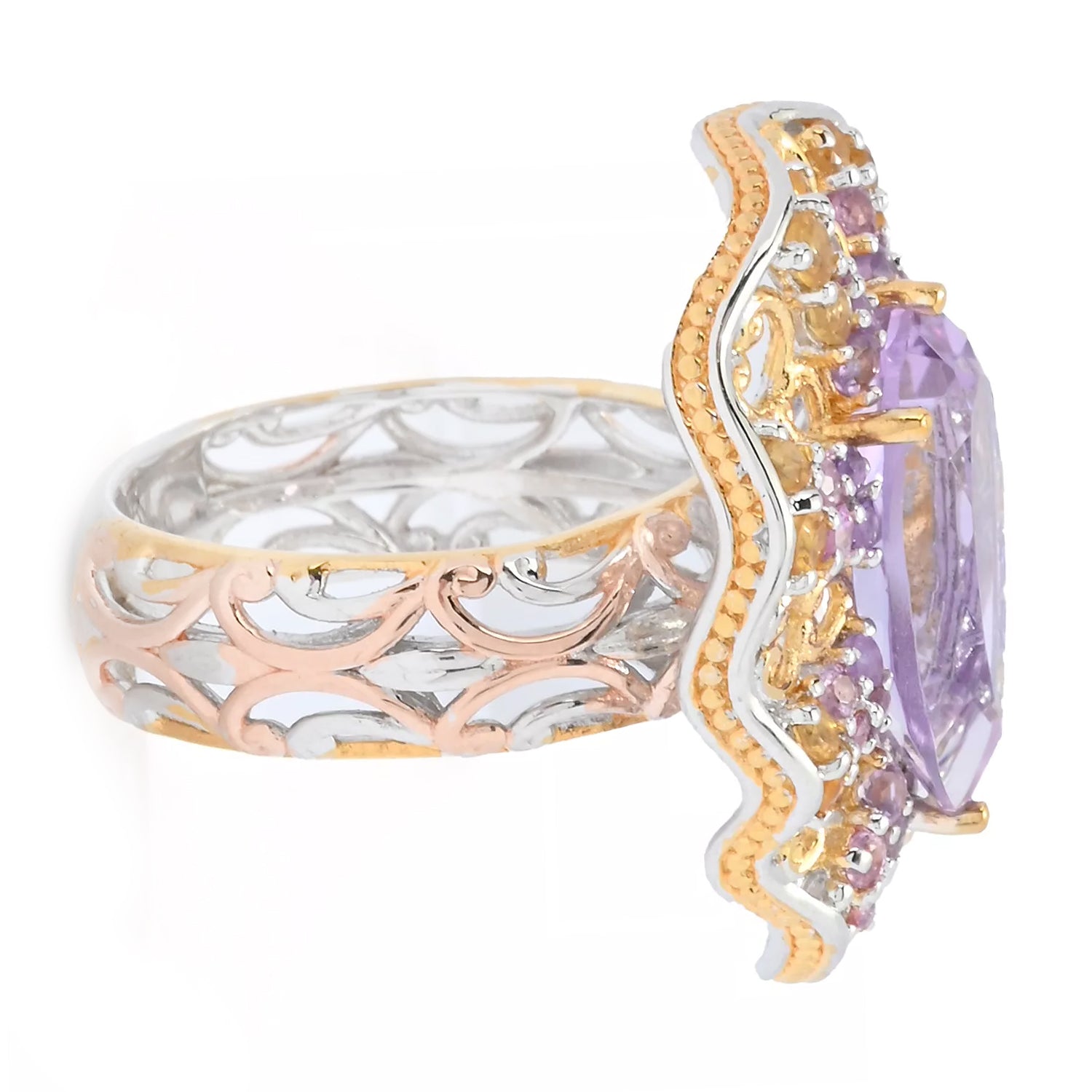 Gems en Vogue 6.48ctw Pear Shape Pink Amethyst & Multi Gemstones Ring