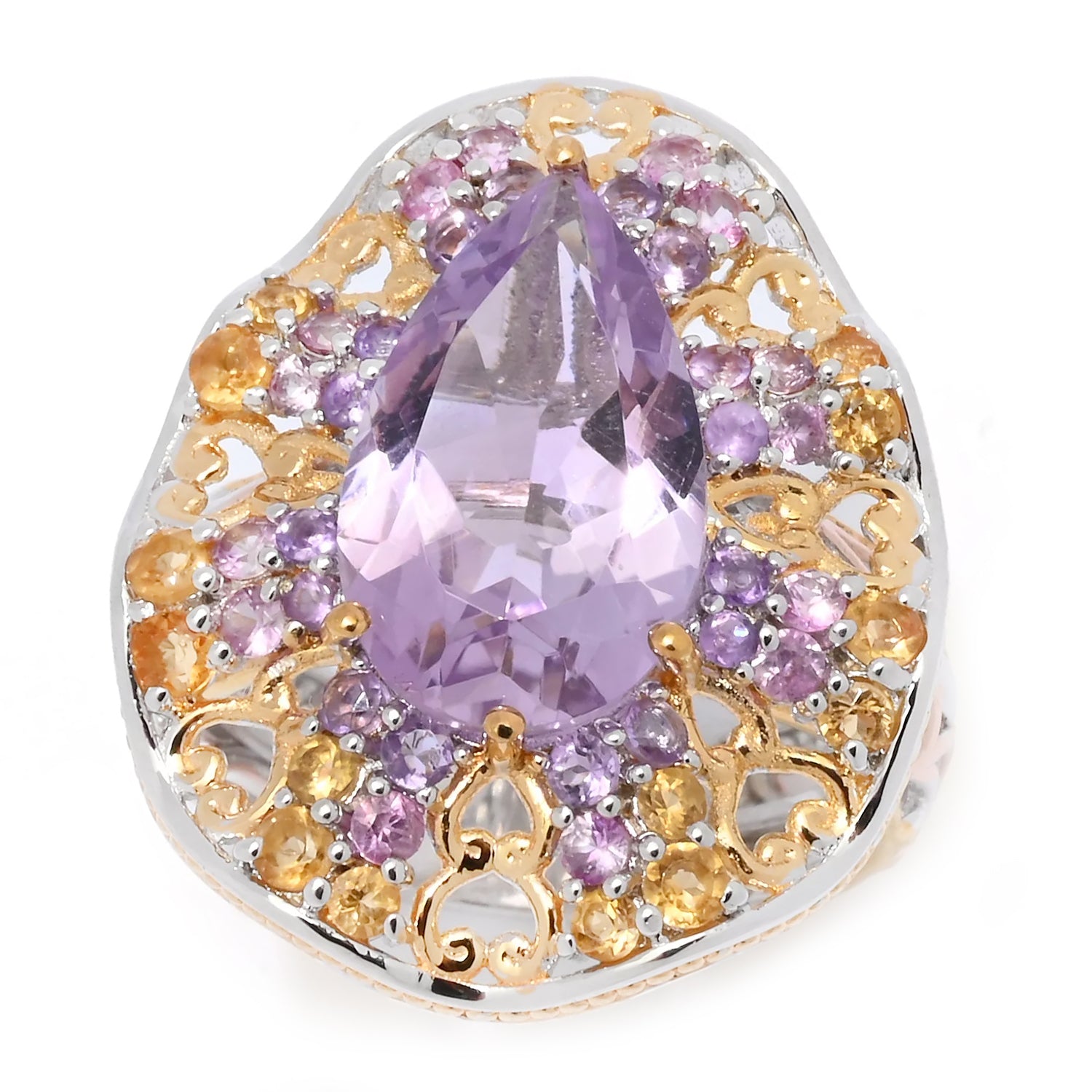 Gems en Vogue 6.48ctw Pear Shape Pink Amethyst & Multi Gemstones Ring