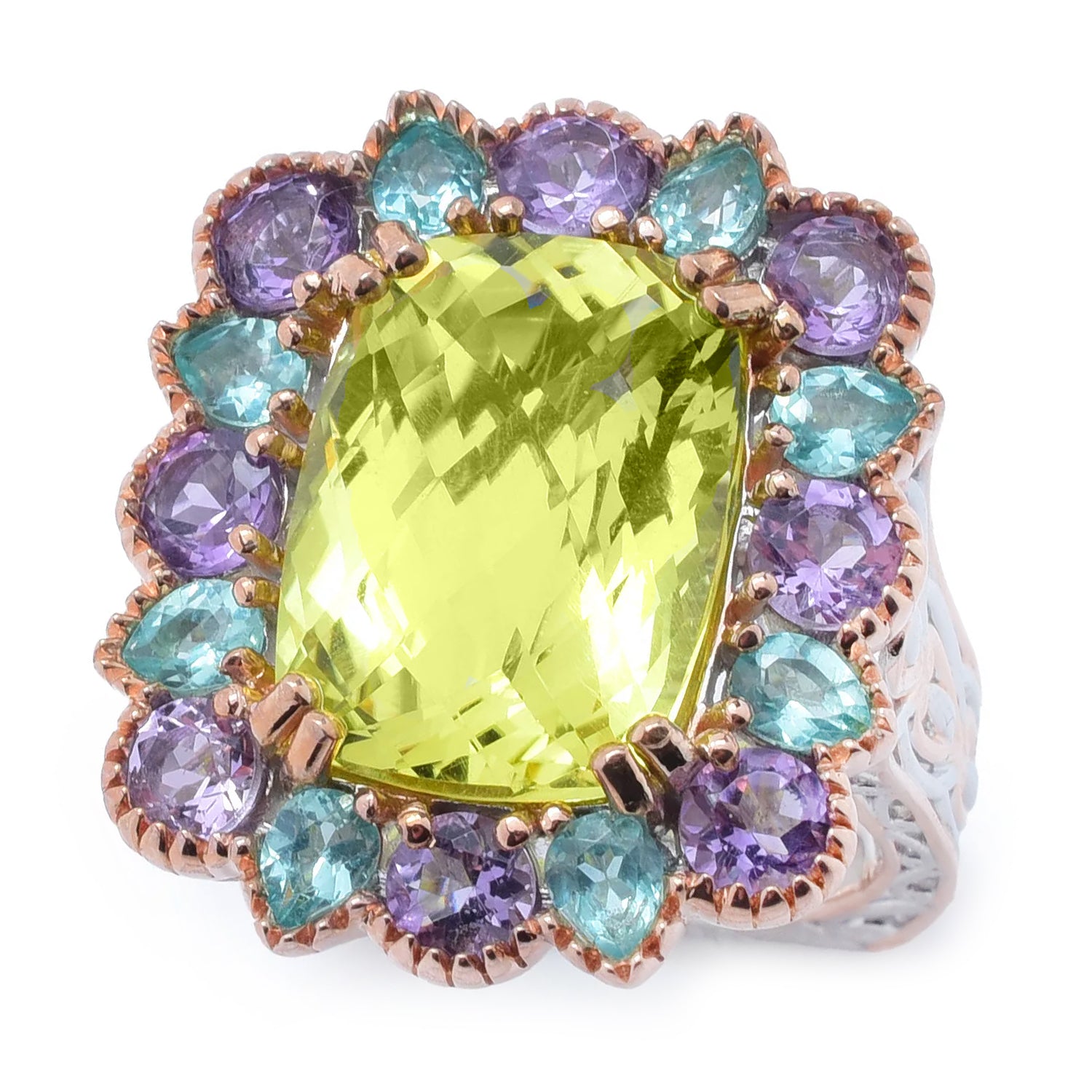 Gems en Vogue 11.74ctw Ouro Verde, Dauphin Apatite & Brazilian Amethyst Halo Ring