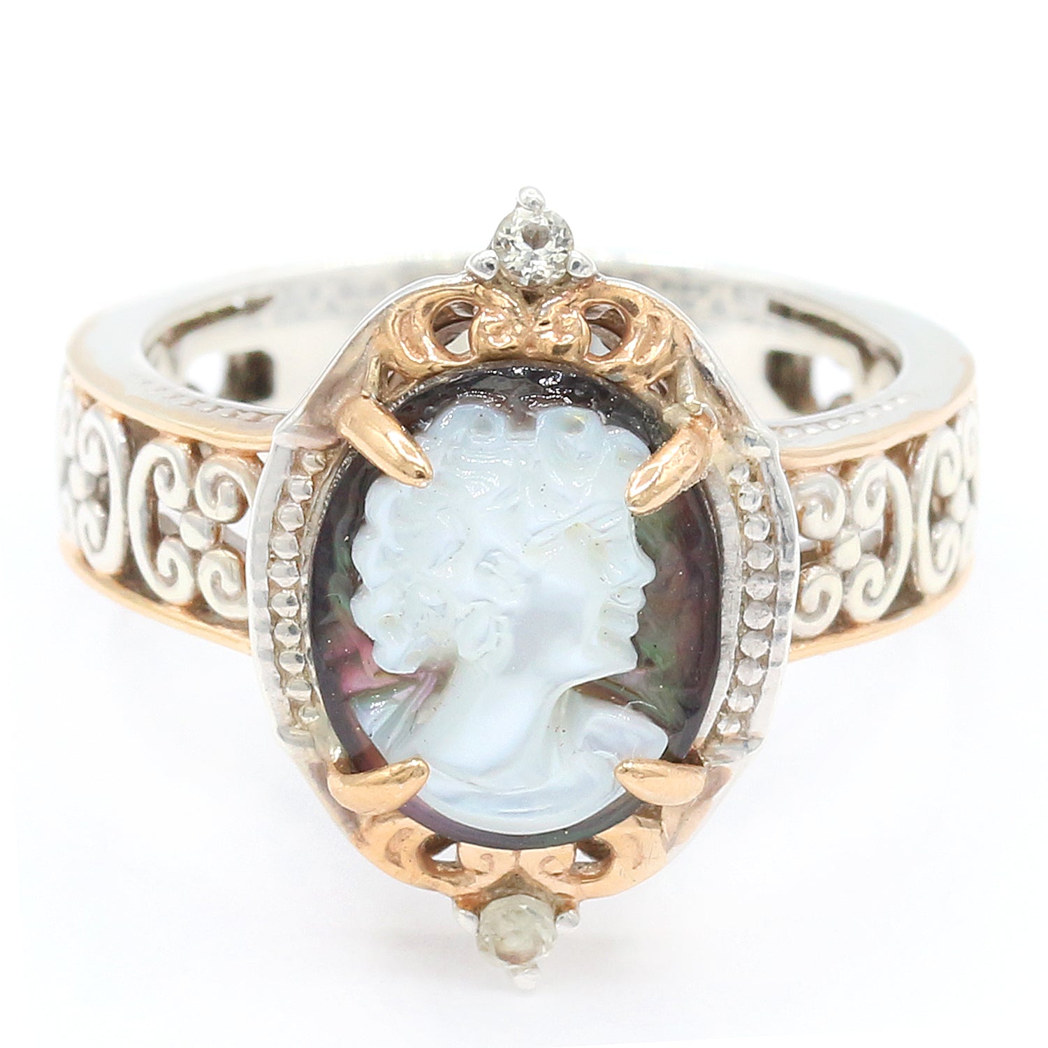 Gems en Vogue Tahitian Shell Cameo & White Zircon Lady Portrait Ring
