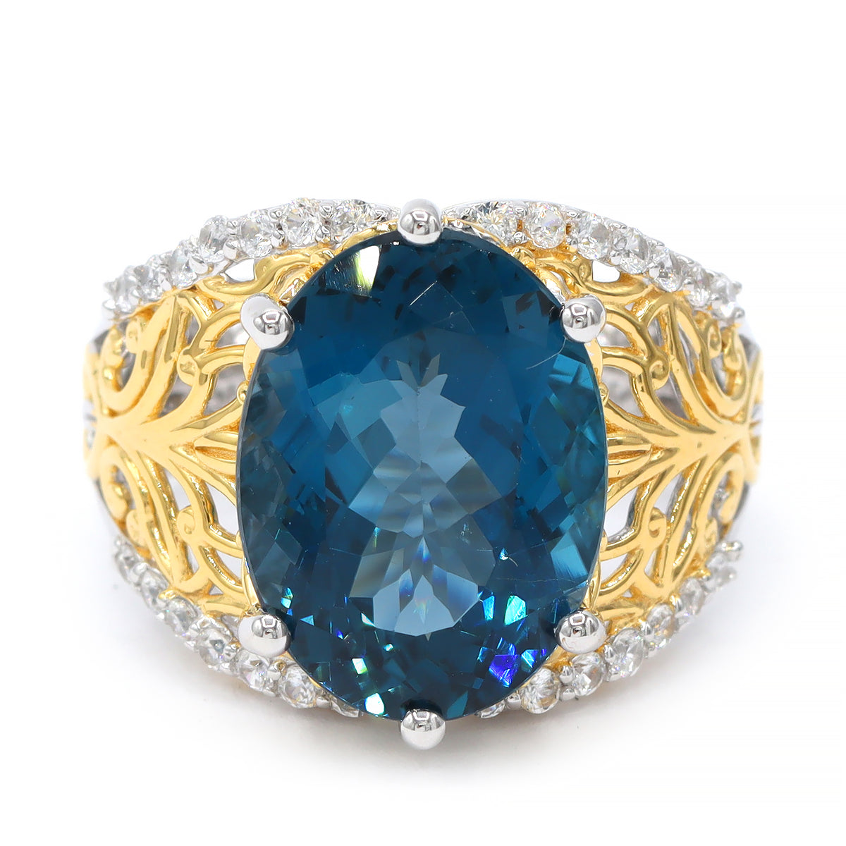 Bague Gems en Vogue en topaze bleu de Londres Tillion de 7,60 carats et zircon blanc Halo
