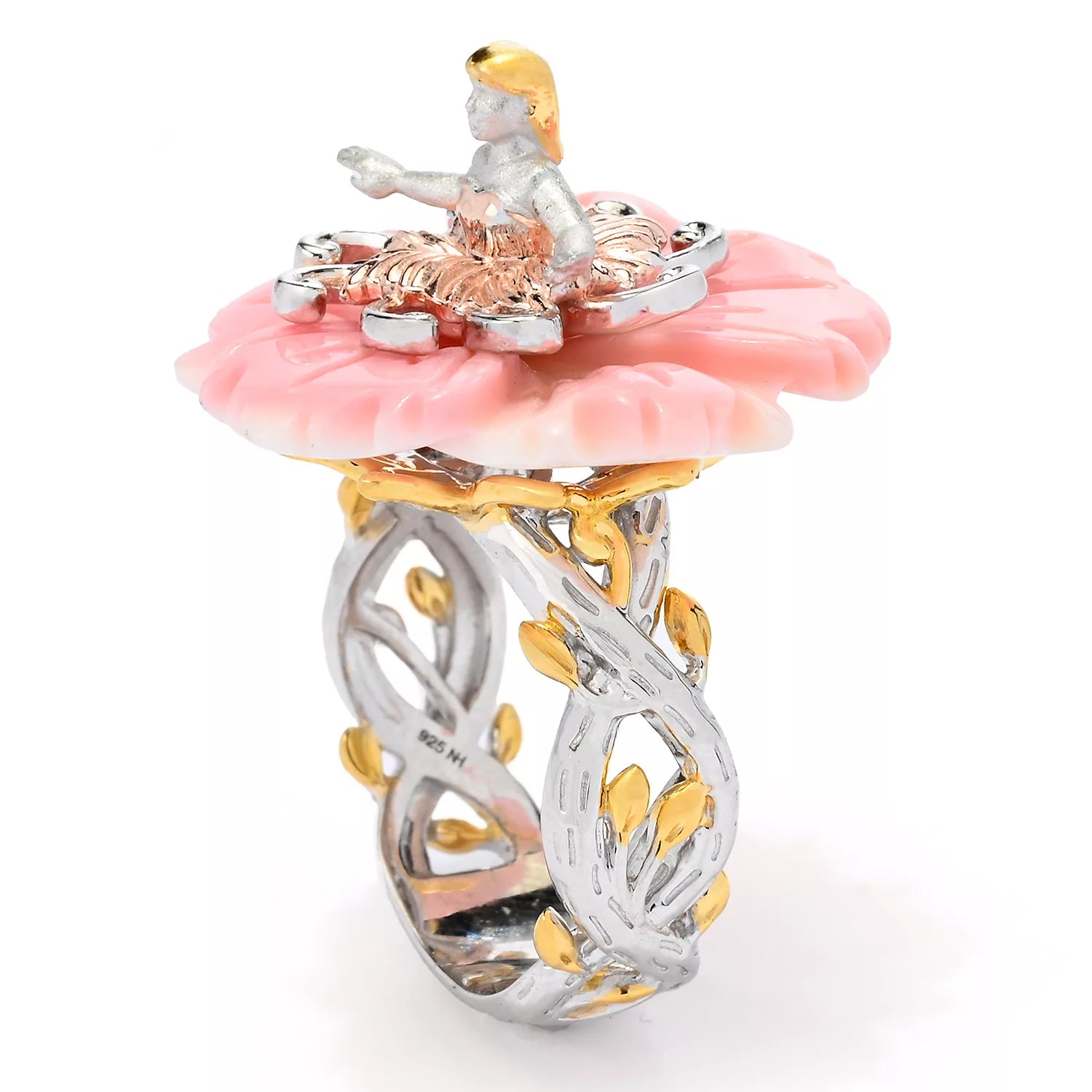 Gems en Vogue Pink Conch Shell Flower & "Twirling" Dancer Ring