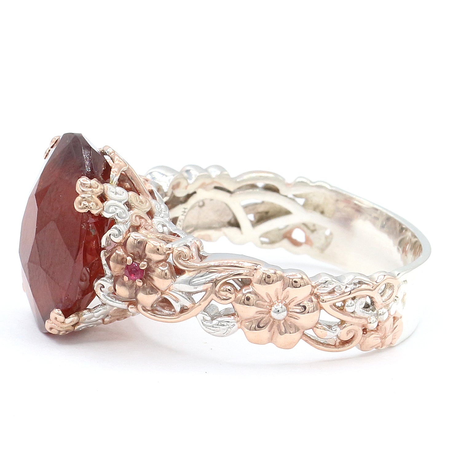 Gems en Vogue One-of-a-Kind 11.03ctw Hessonite Garnet & Ruby Flower Ring