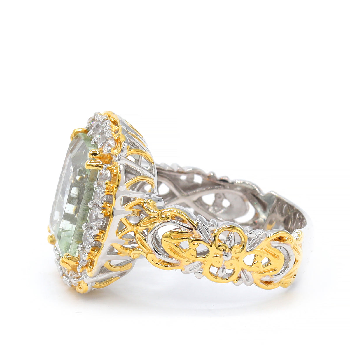 Gems en Vogue 24K Palladium Silver 6.63ctw Prasiolite & White Zircon Halo Ring