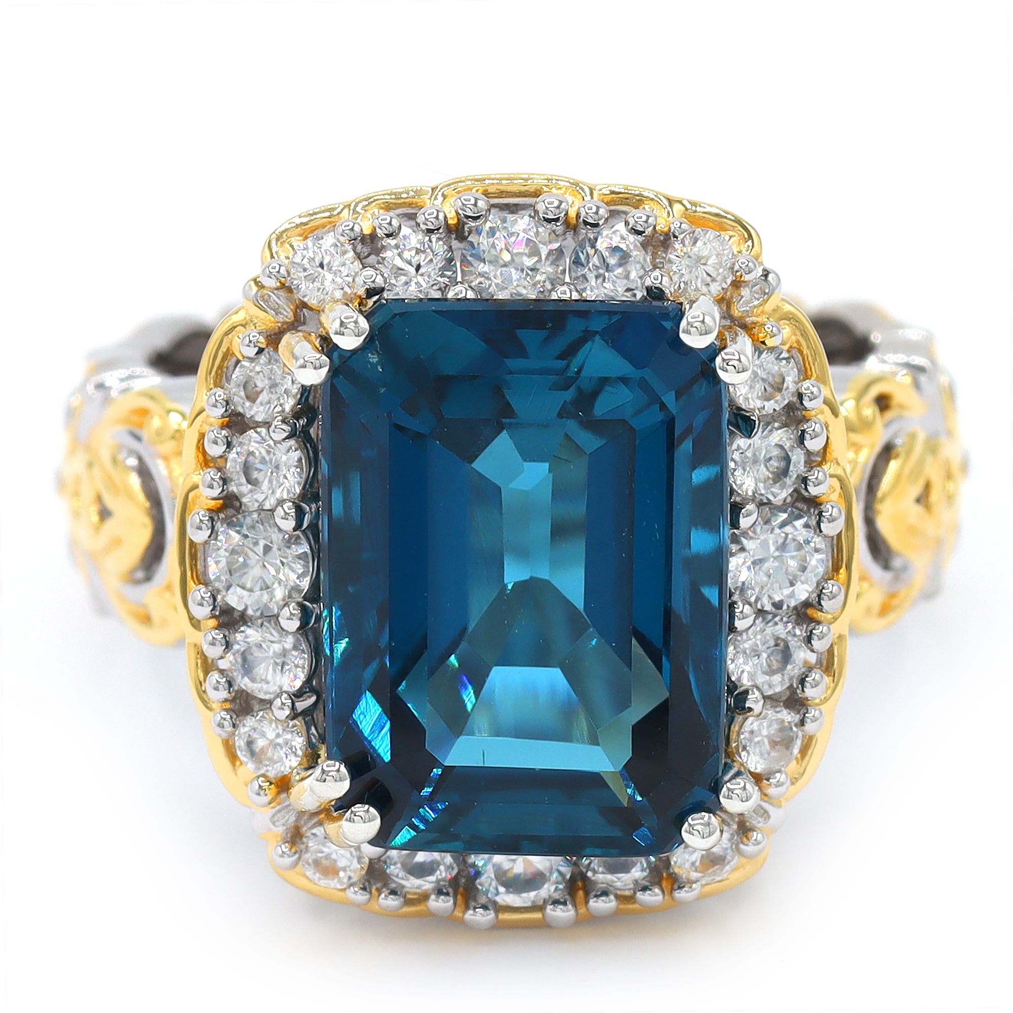 Gems en Vogue One-of-a-Kind 24K Palladium Silver 10.08ctw London Blue Topaz & White Zircon Halo Ring