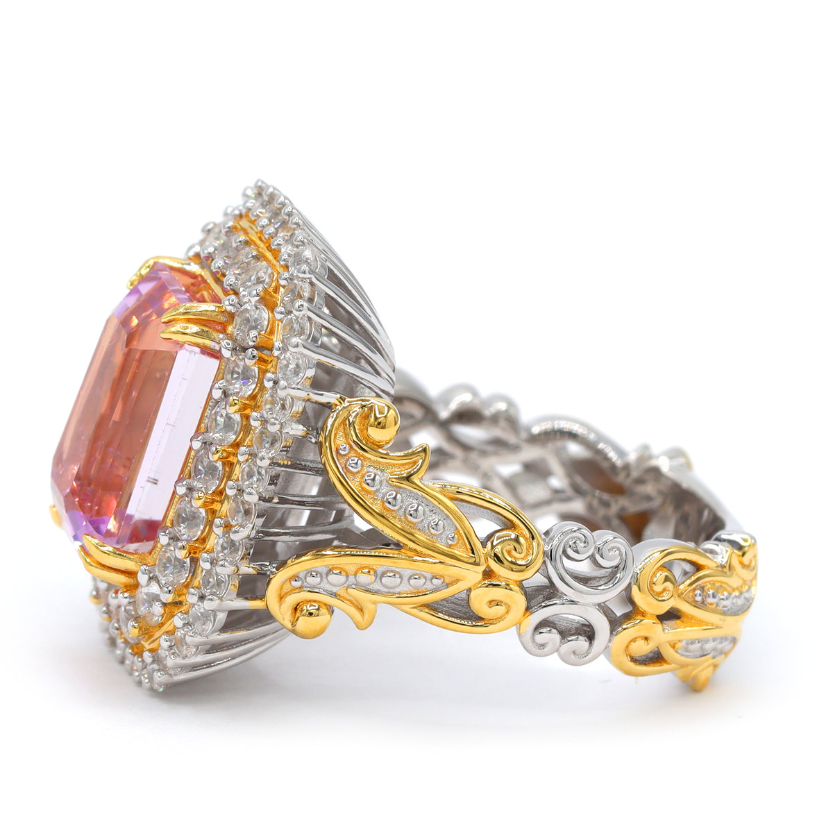 Gems en Vogue One-of-a-Kind 24K Palladium Silver 9.76ctw Pink Kunzite & White Zircon Double Halo Ring
