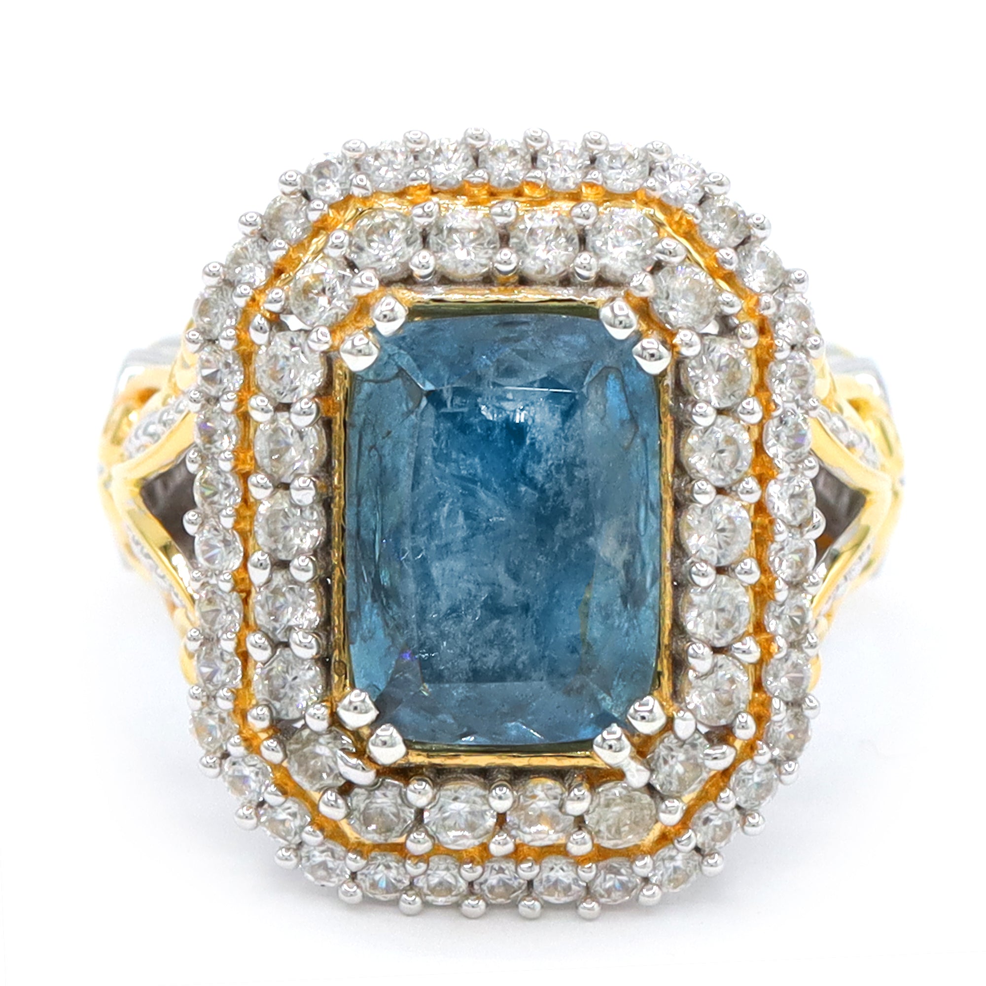 Couture Gems One-of-a-Kind 24K Palladium Silver 5.83ctw Tanzanian Aquamarine & White Zircon Double Halo Ring
