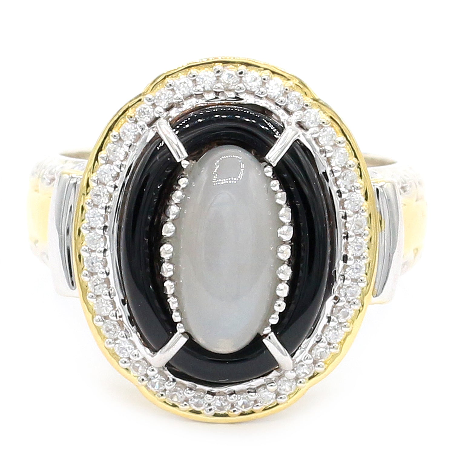 Gems en Vogue One-of-a-Kind Grey Moonstone, Black Onyx & White Zircon Donut Halo Ring