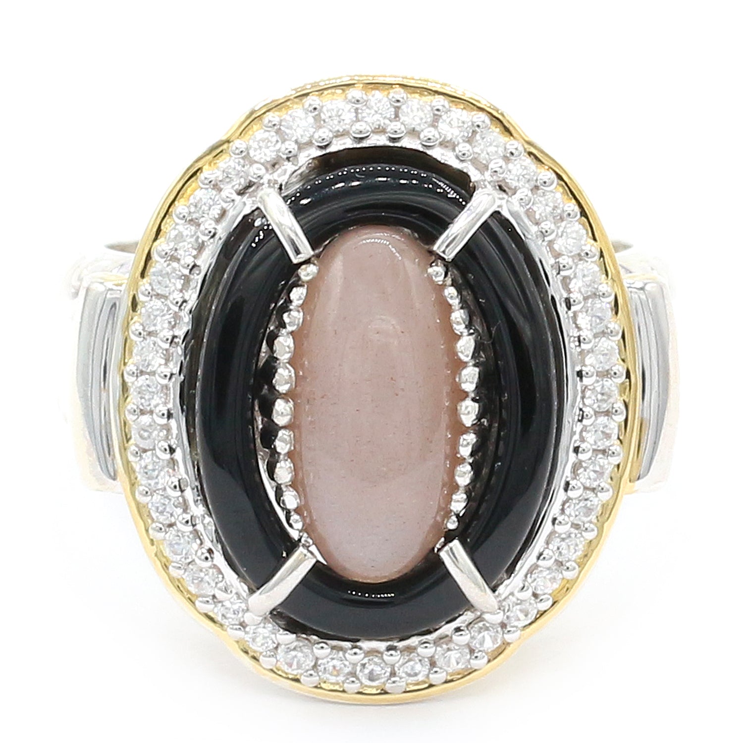 Gems en Vogue One-of-a-Kind Peach Moonstone, Black Onyx & White Zircon Donut Halo Ring