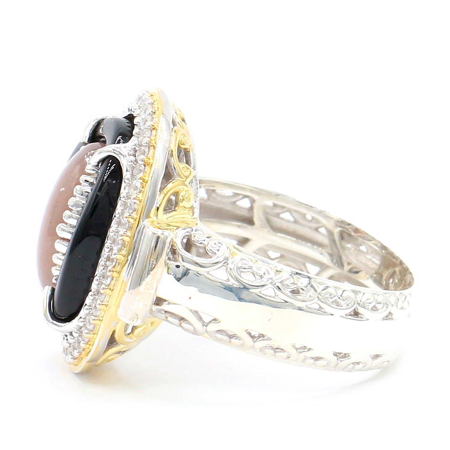Gems en Vogue One-of-a-Kind Peach Moonstone, Black Onyx & White Zircon Donut Halo Ring