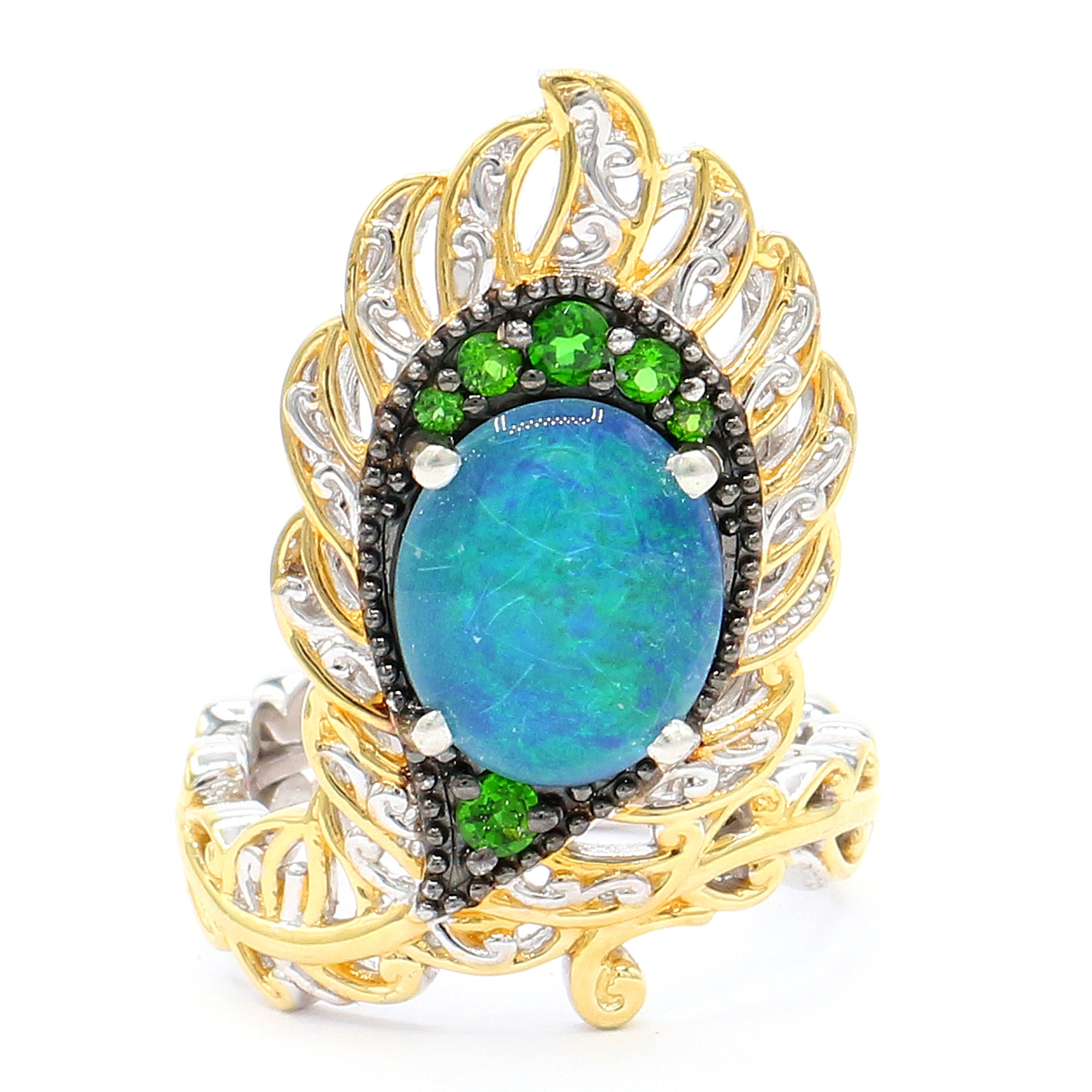 Gems en Vogue One-of-a-kind 24K Palladium Silver Australian Aurora Opal Triplet & Chrome Diopside Peacock Ring