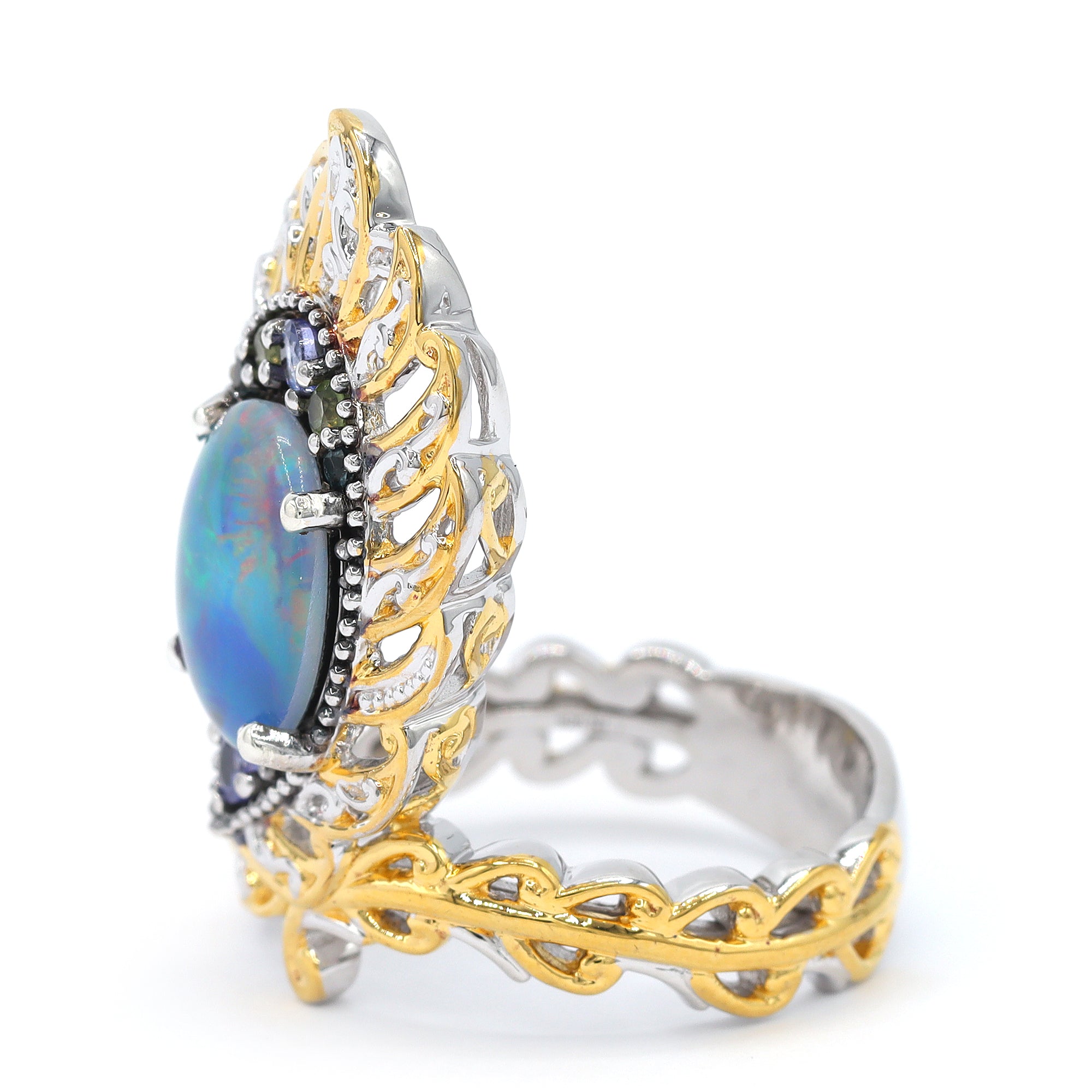 Gems en Vogue 24K Palladium Silver Australian Opal Triplet & Multi Gemstones Peacock Ring