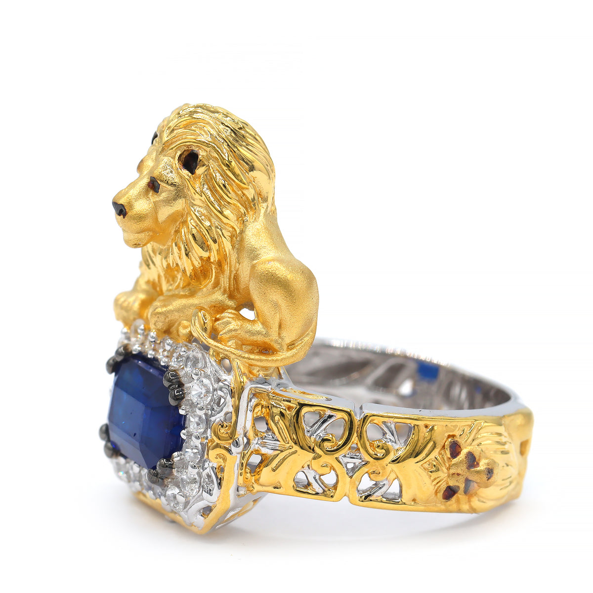 Gems en Vogue One-of-a-Kind 24K Palladium Silver 2.48ctw Cobalt Blue Spinel & White Zircon Halo Lion Ring