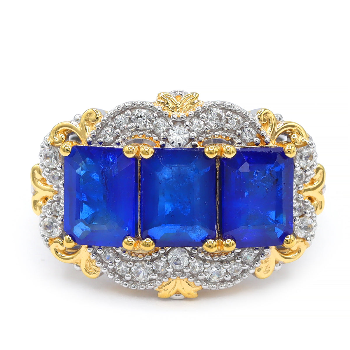Gems en Vogue One-of-a-Kind 24K Palladium Silver 5.86ctw Cobalt Blue Spinel & White Zircon Three Stone Ring