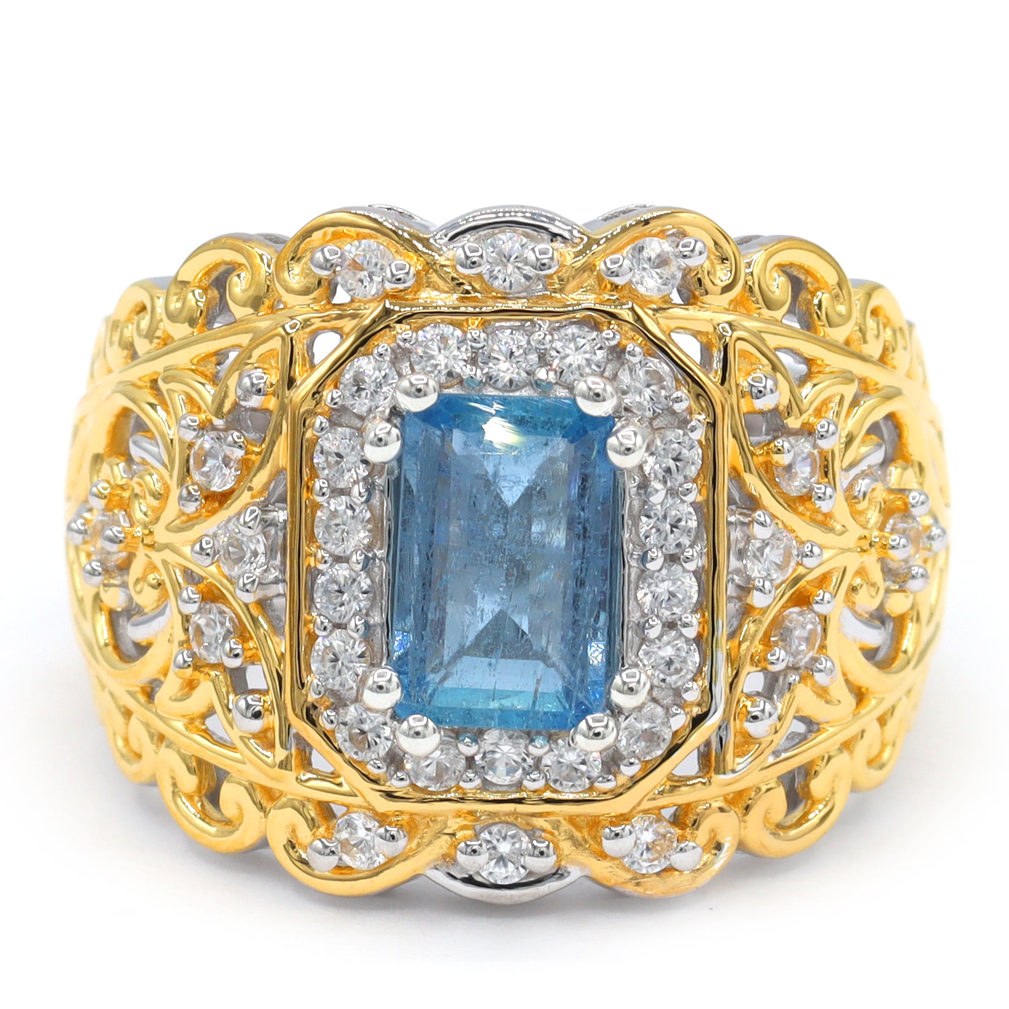 Gems en Vogue One-of-a-Kind 24K Palladium Silver 2.01ctw Tanzanian Aquamarine & White Zircon Halo Ring