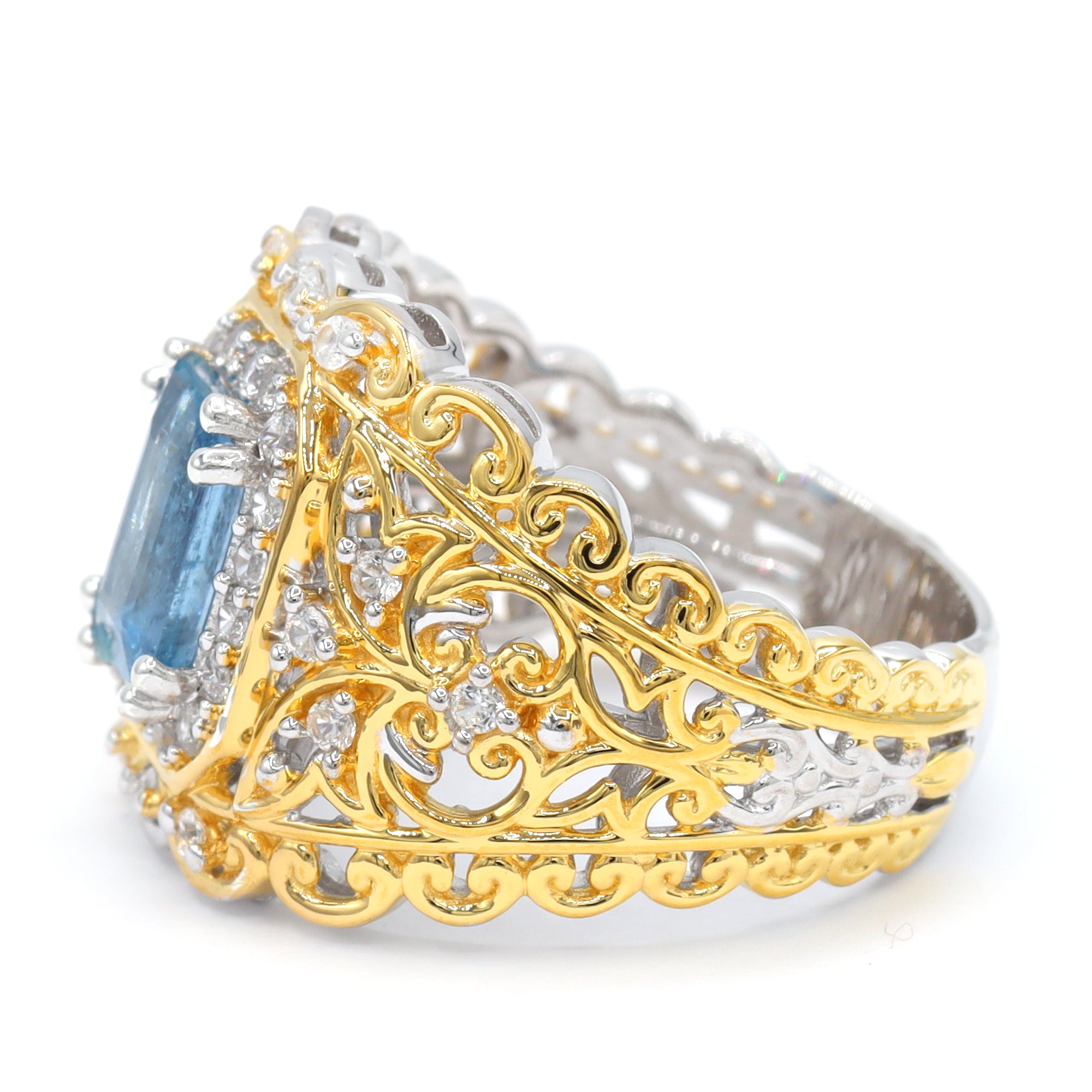 Gems en Vogue One-of-a-Kind 24K Palladium Silver 2.01ctw Tanzanian Aquamarine & White Zircon Halo Ring