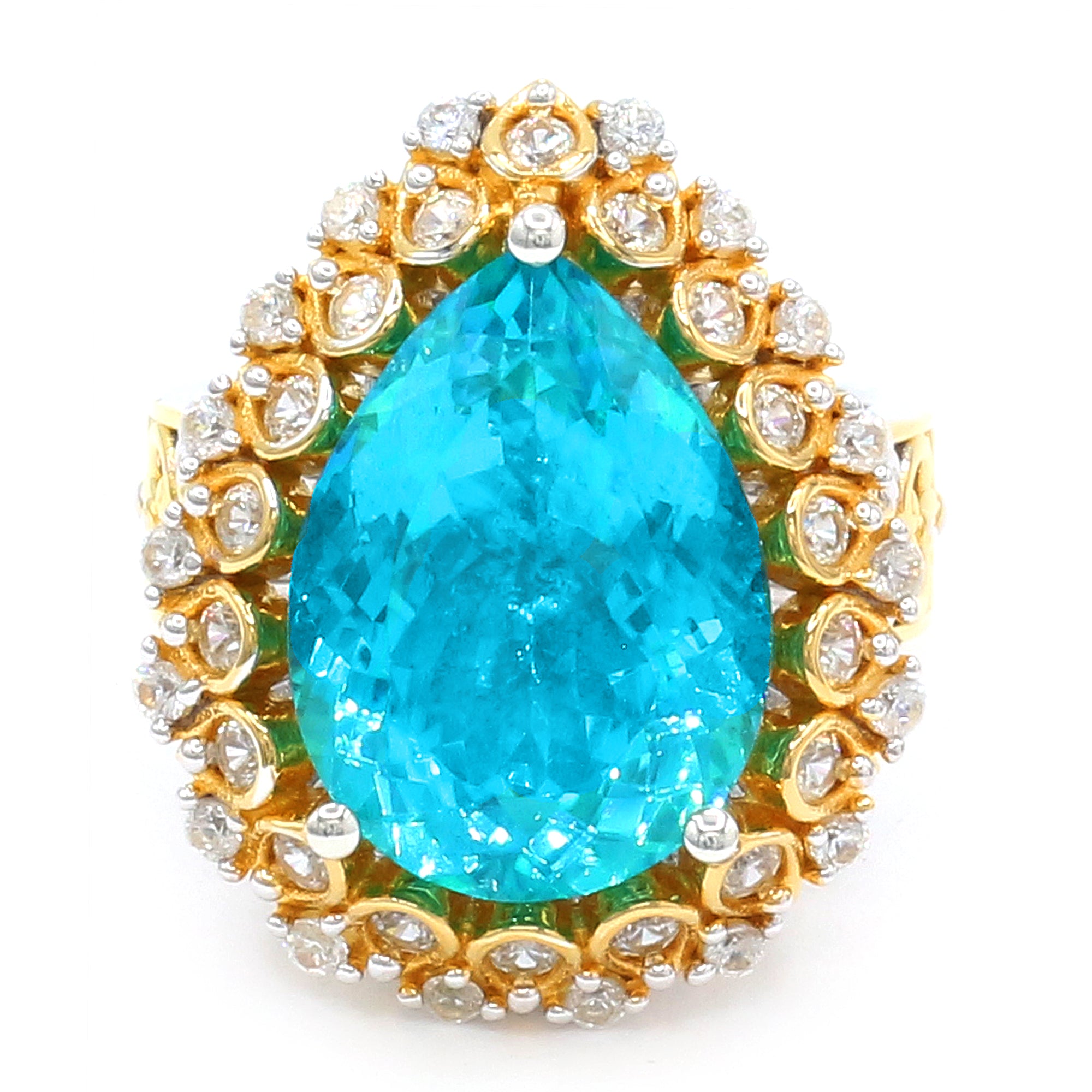 Gems en Vogue 24K Palladium Silver 15.62ctw Paraiba Topaz & White Zircon Halo Ring