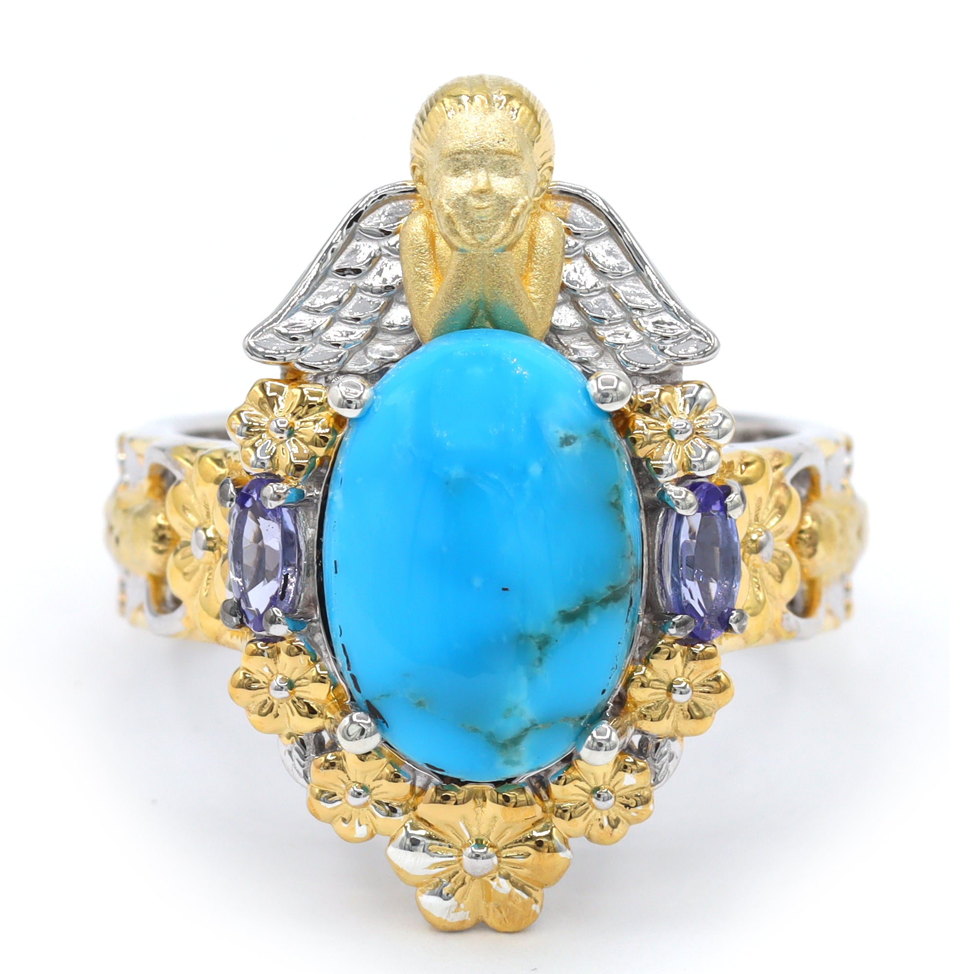 Gems en Vogue One-of-a-Kind 24K Palladium Silver Kaolin Turquoise & Tanzanite Angel & Flower Ring
