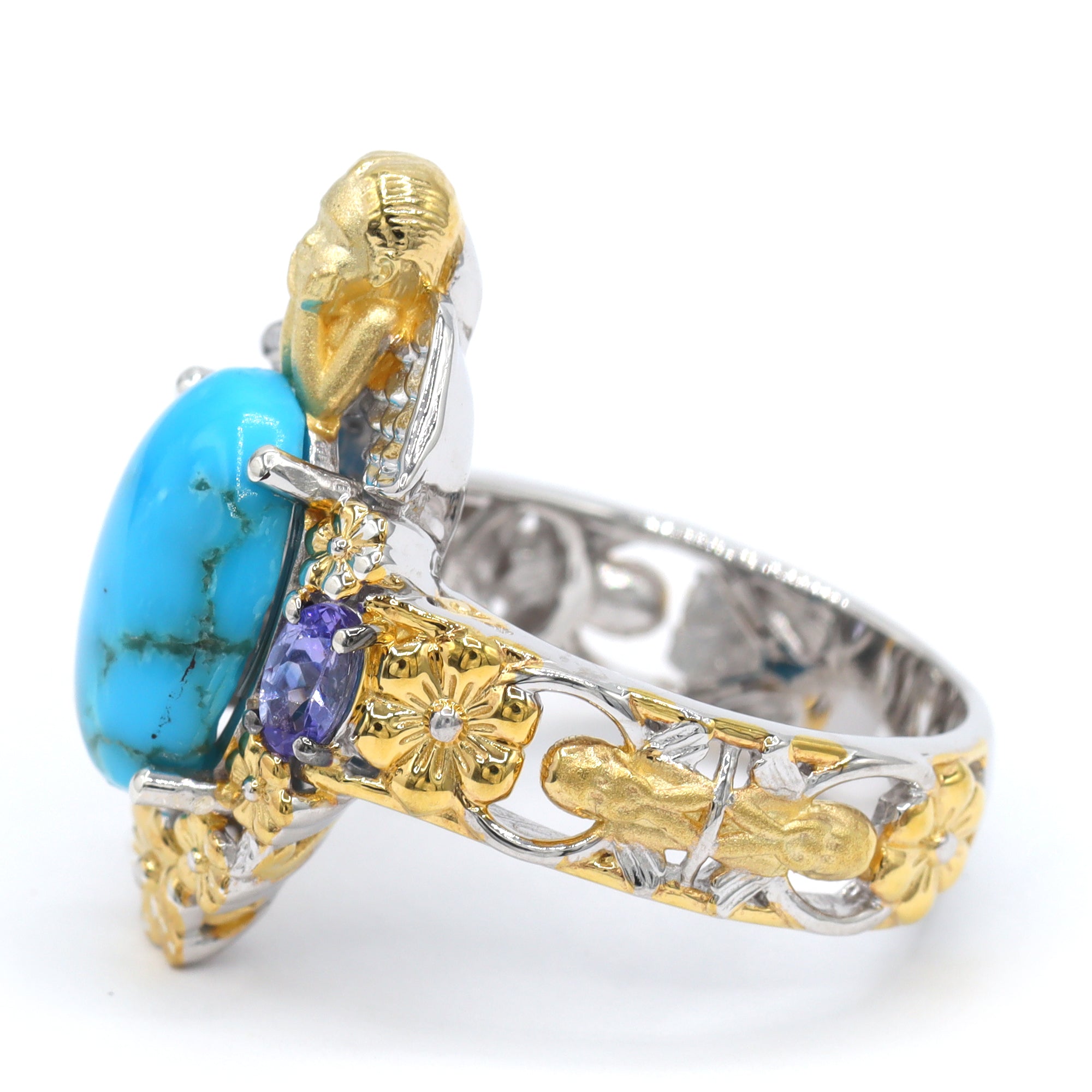 Gems en Vogue One-of-a-Kind 24K Palladium Silver Kaolin Turquoise & Tanzanite Angel & Flower Ring
