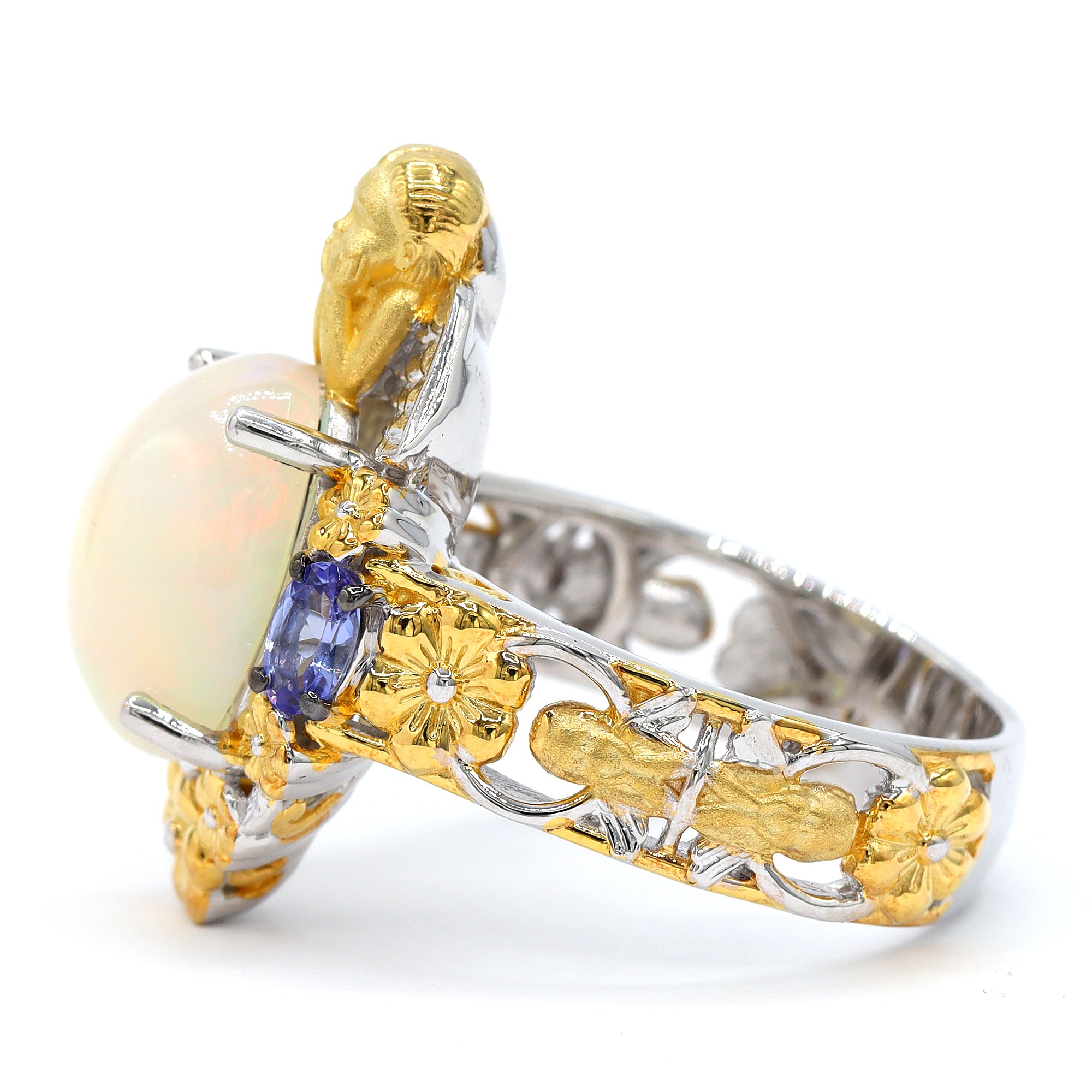 Gems en Vogue One-of-a-Kind 24K Palladium Silver Ethiopian Opal & Tanzanite Angel & Flower Ring