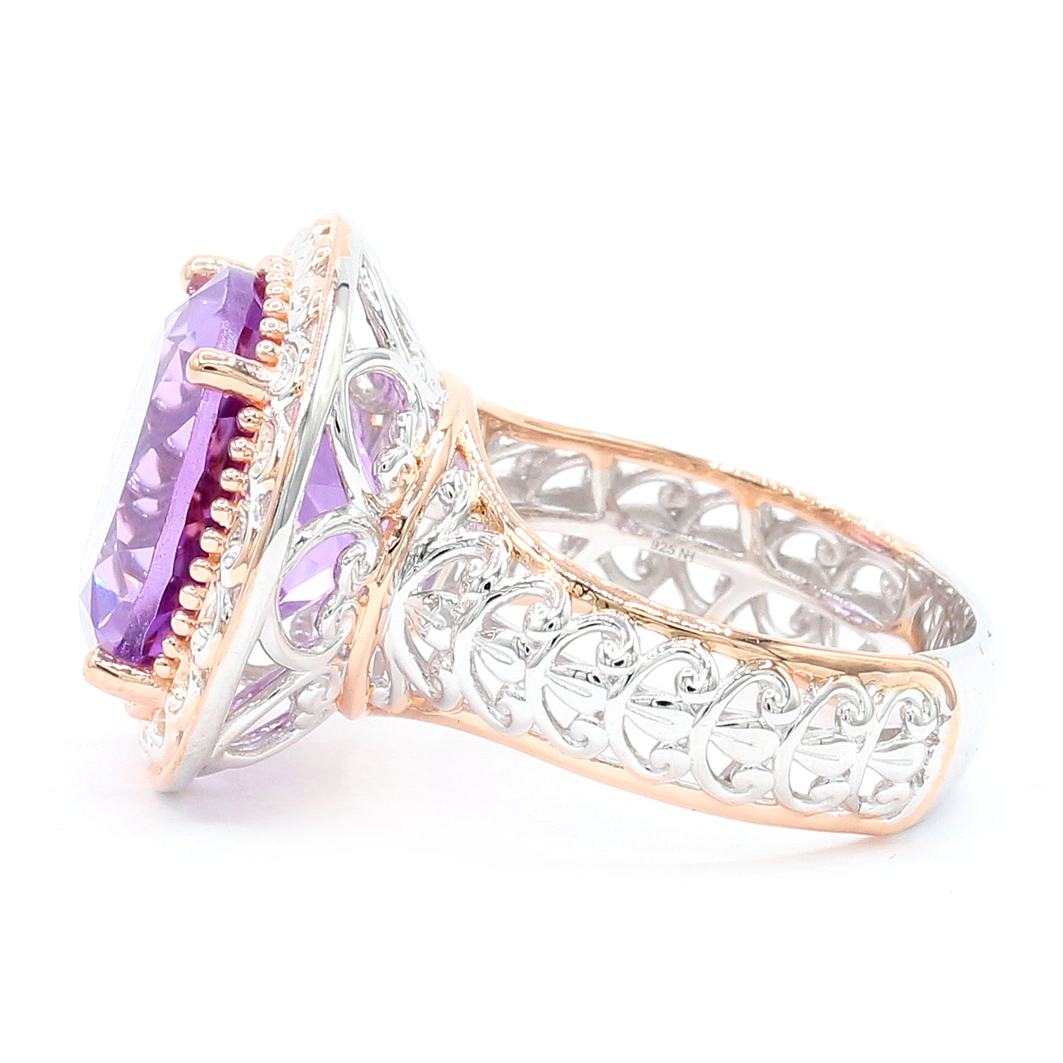 Bague Gems en Vogue en argent rhodié 18K, améthyste rose taille coussin de 4,03 carats et zircons blancs
