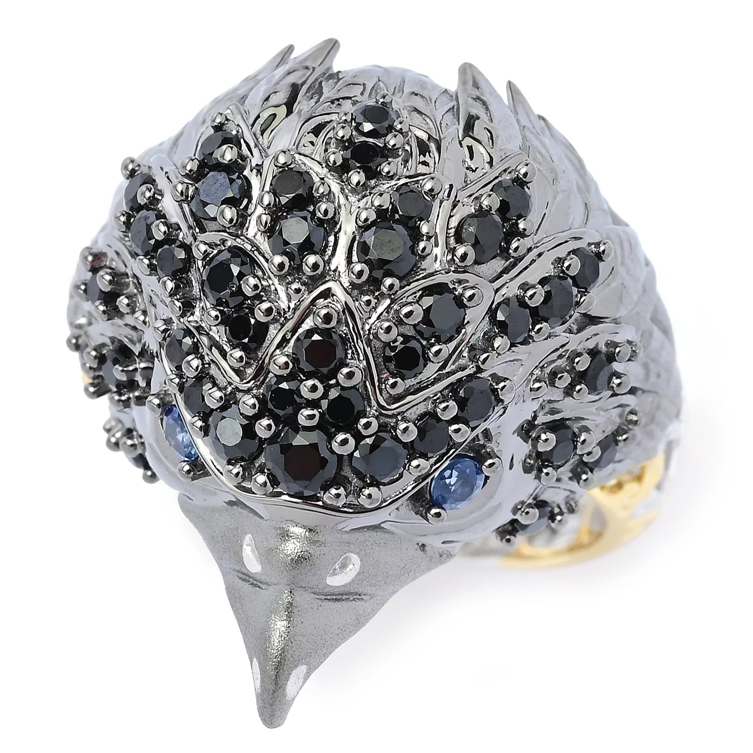 Gems en Vogue 0.90ctw Black Spinel & Blue Sapphire Eagle Head Ring