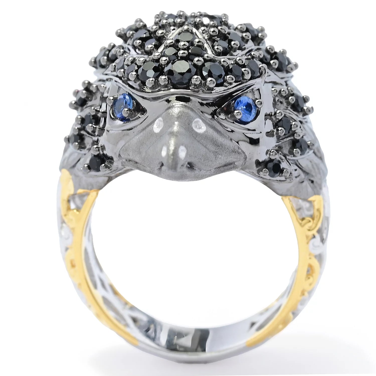 Gems en Vogue 0.90ctw Black Spinel & Blue Sapphire Eagle Head Ring