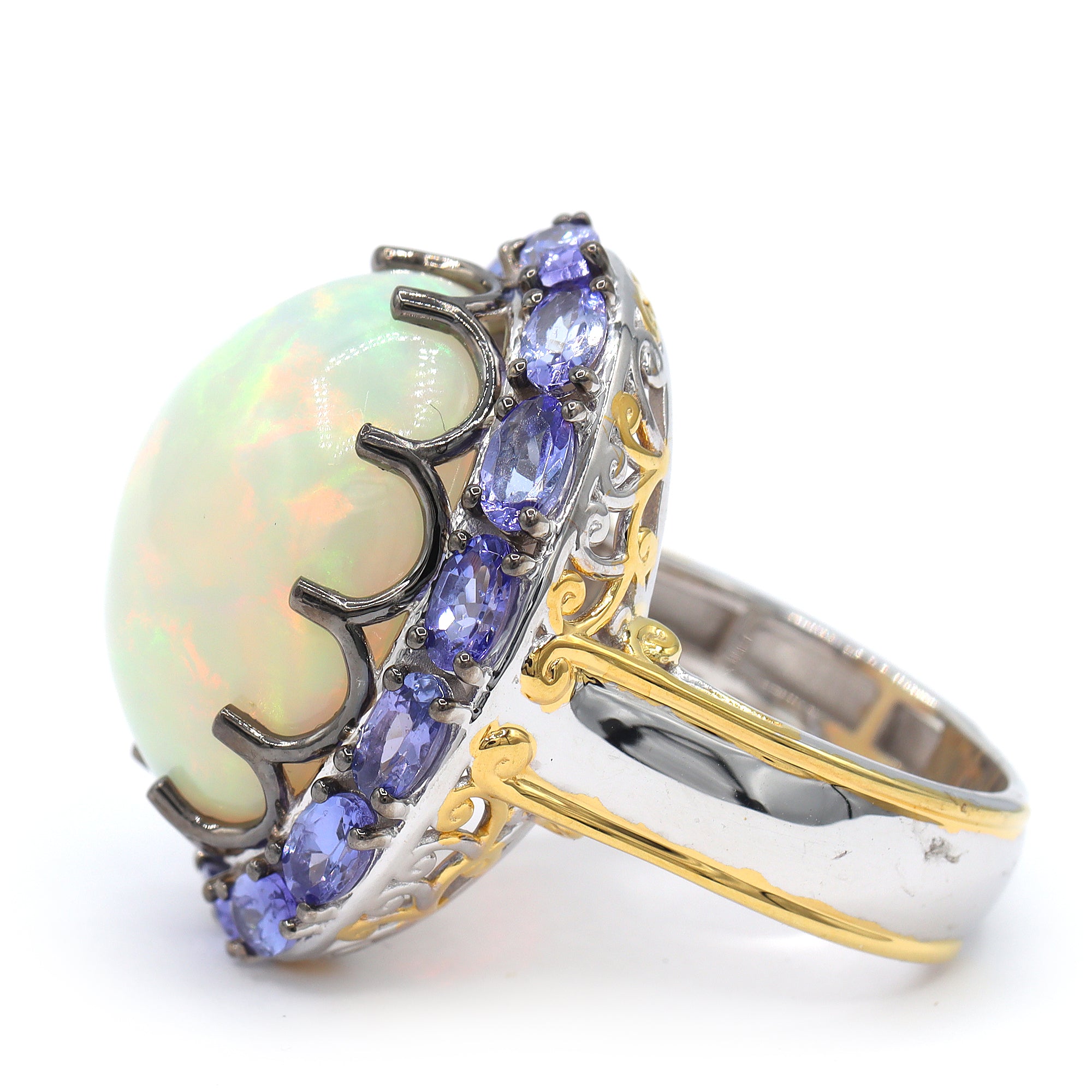 Couture Gems One-of-a-Kind 24K Palladium Silver 19.42ctw White Ethiopian Opal & Tanzanite Halo Ring